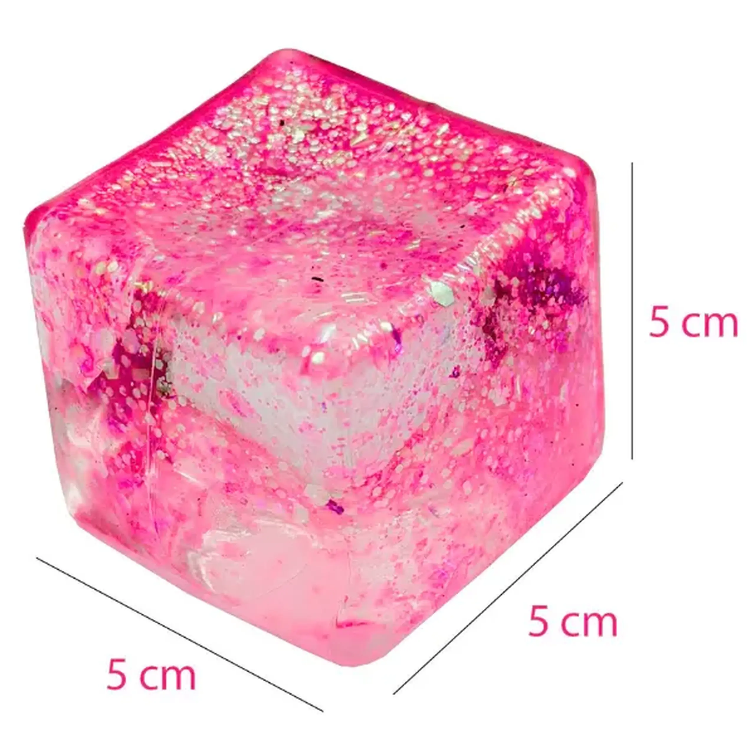 Cub antistres „Squish Stretch Ball” cu sclipici, 5×5×5 cm, roz