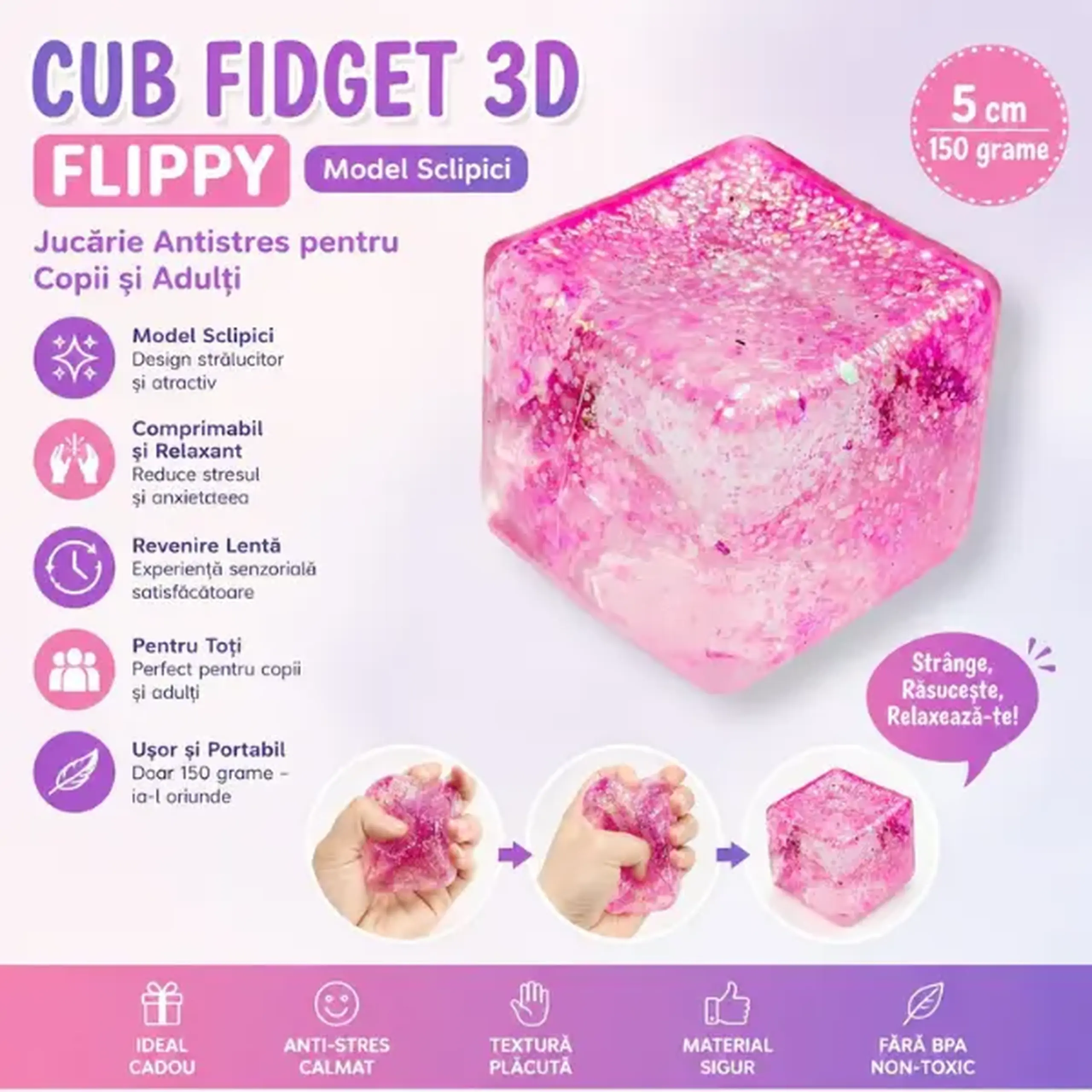 Cub antistres „Squish Stretch Ball” cu sclipici, 5×5×5 cm, roz