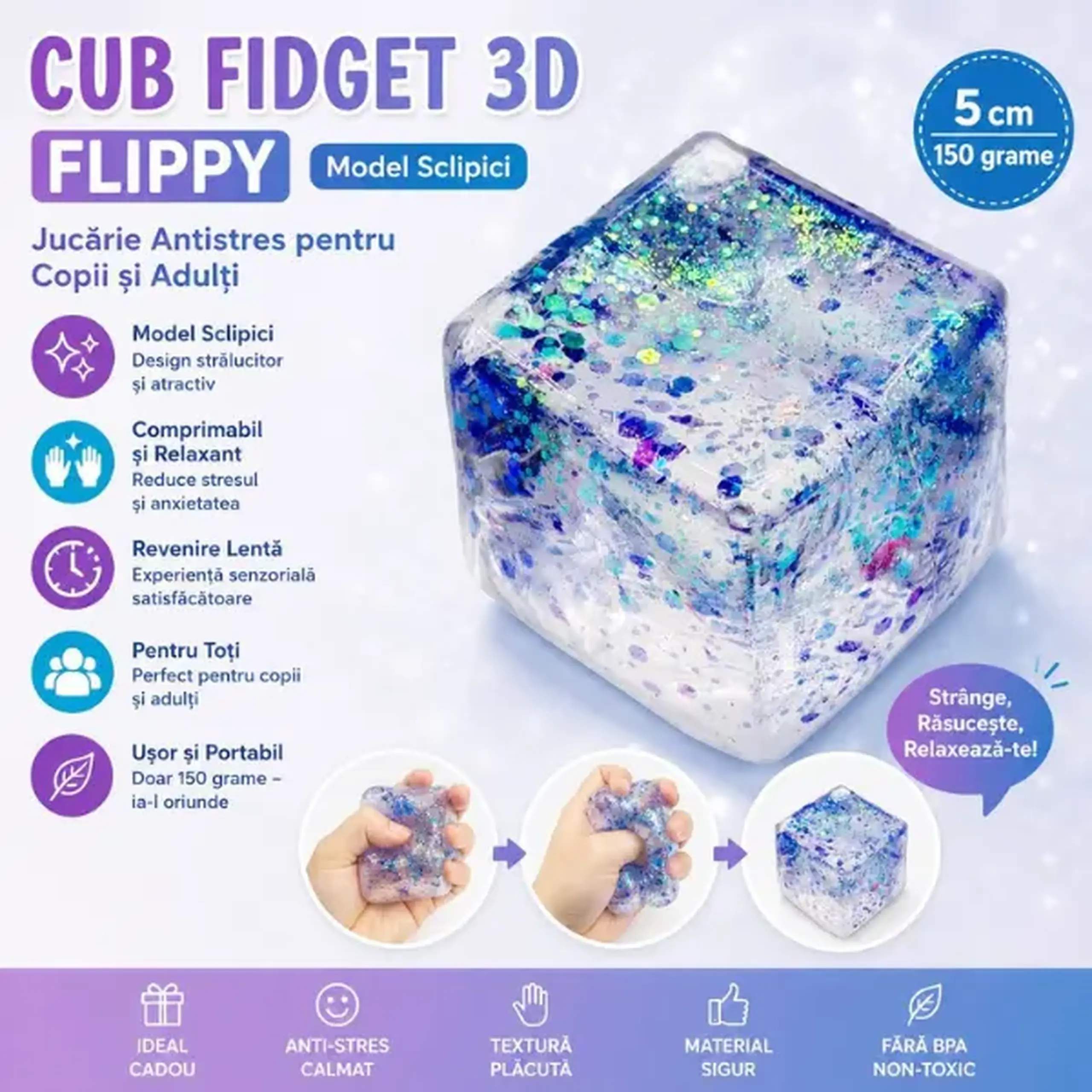 Cub antistres „Squish Stretch Ball” cu sclipici, 5×5×5 cm