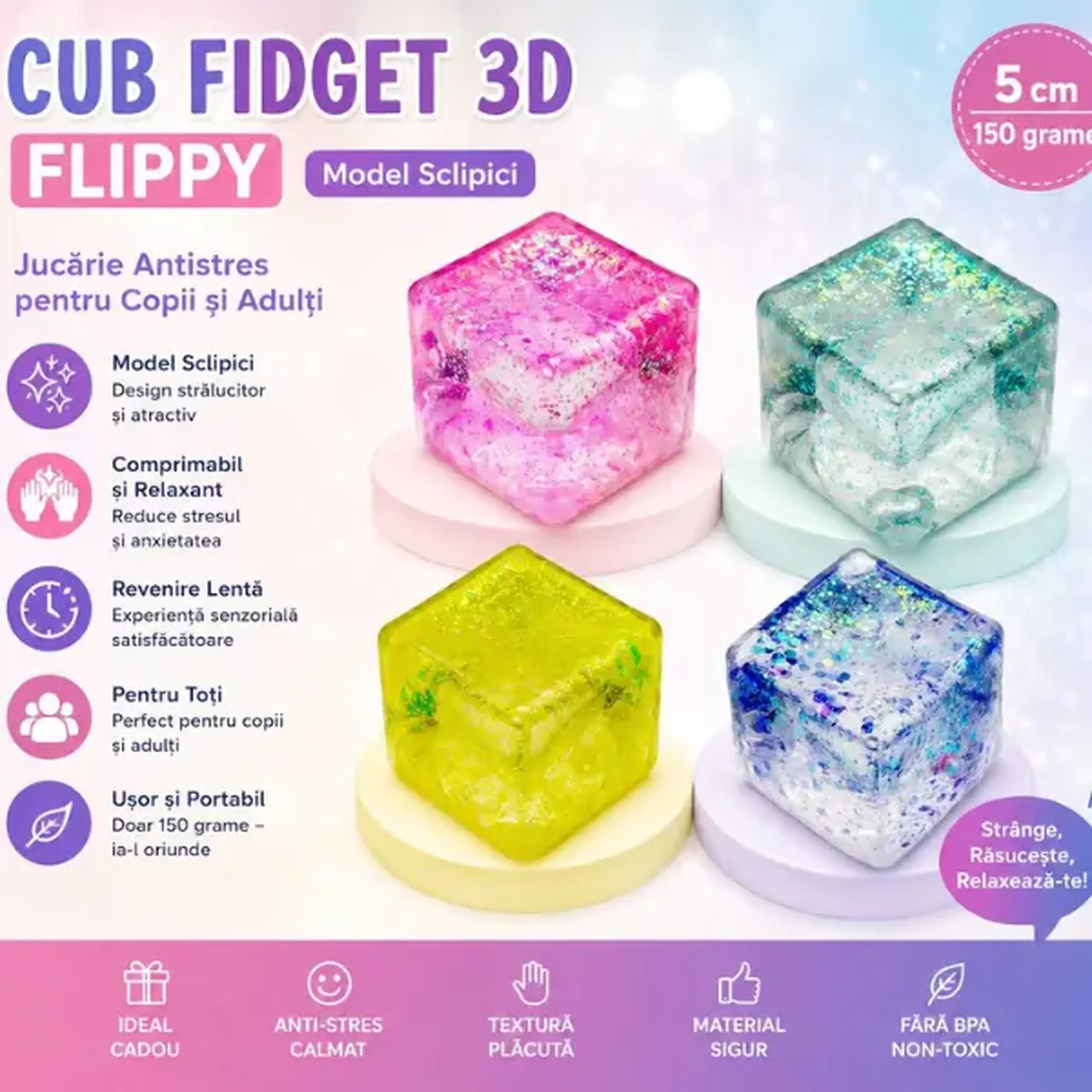 Cub antistres „Squish Stretch Ball” cu sclipici, 5×5×5 cm