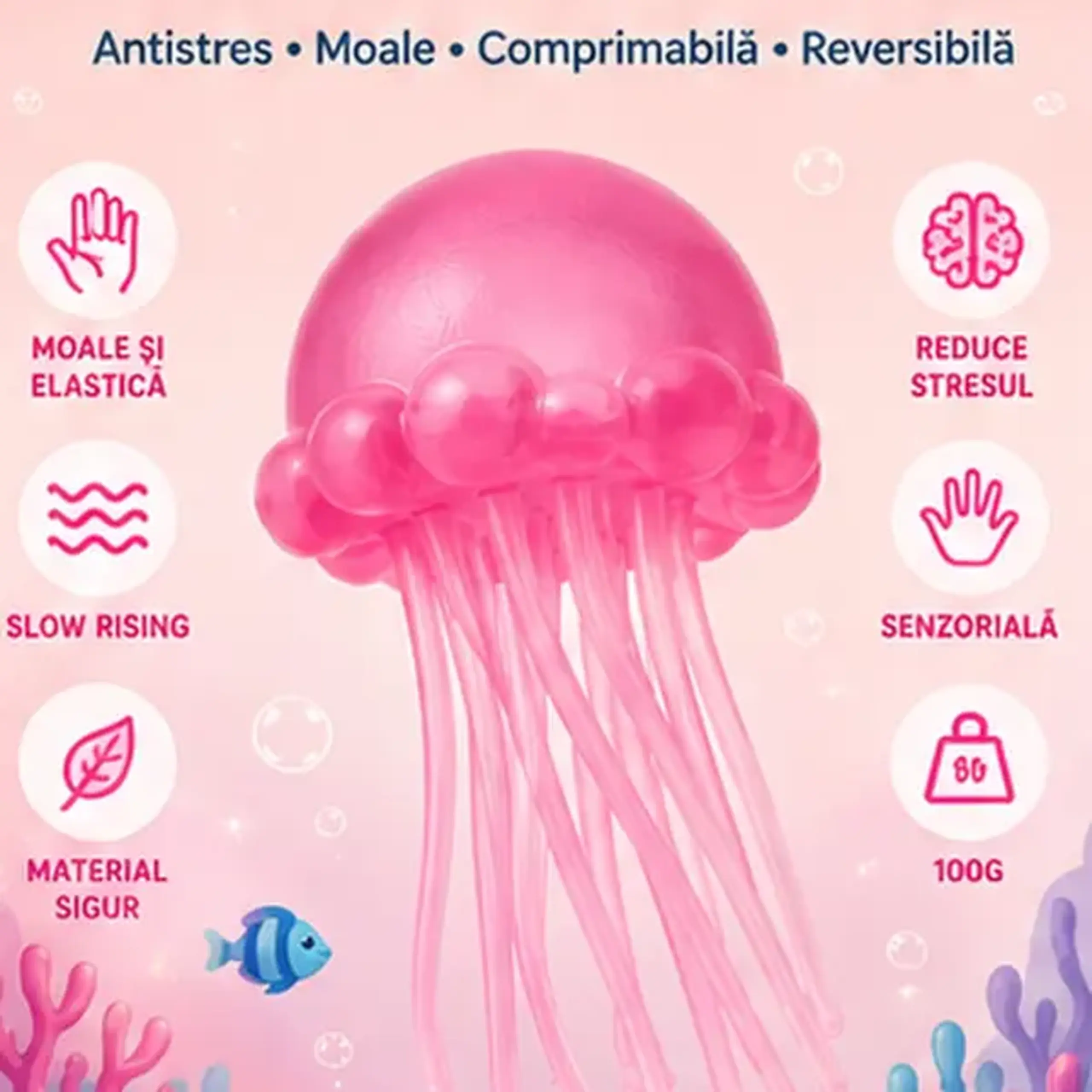 Jucărie antistres Squishy Flippy Meduză cu tentacule flexibile, roz, 100 g