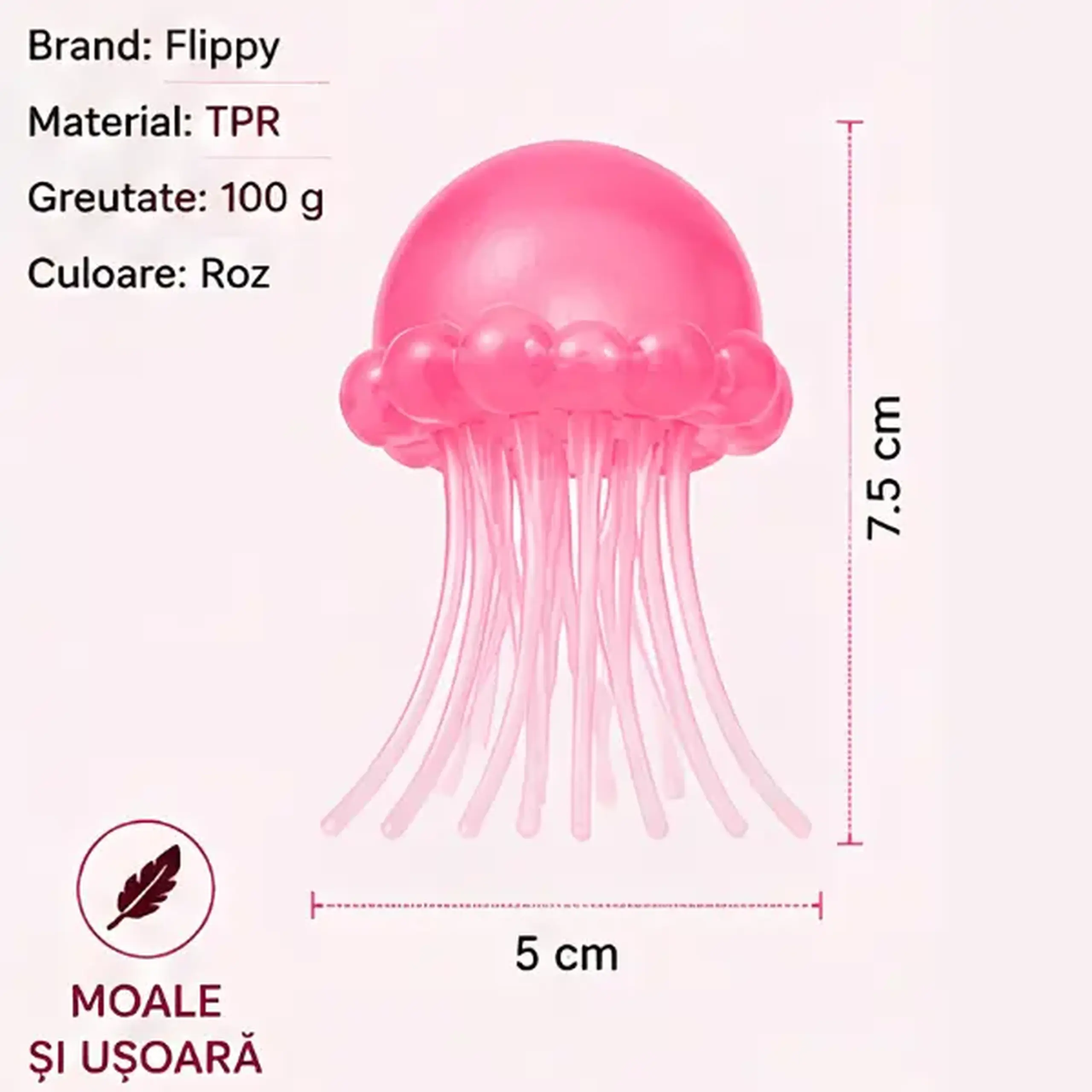 Jucărie antistres Squishy Flippy Meduză cu tentacule flexibile, roz, 100 g