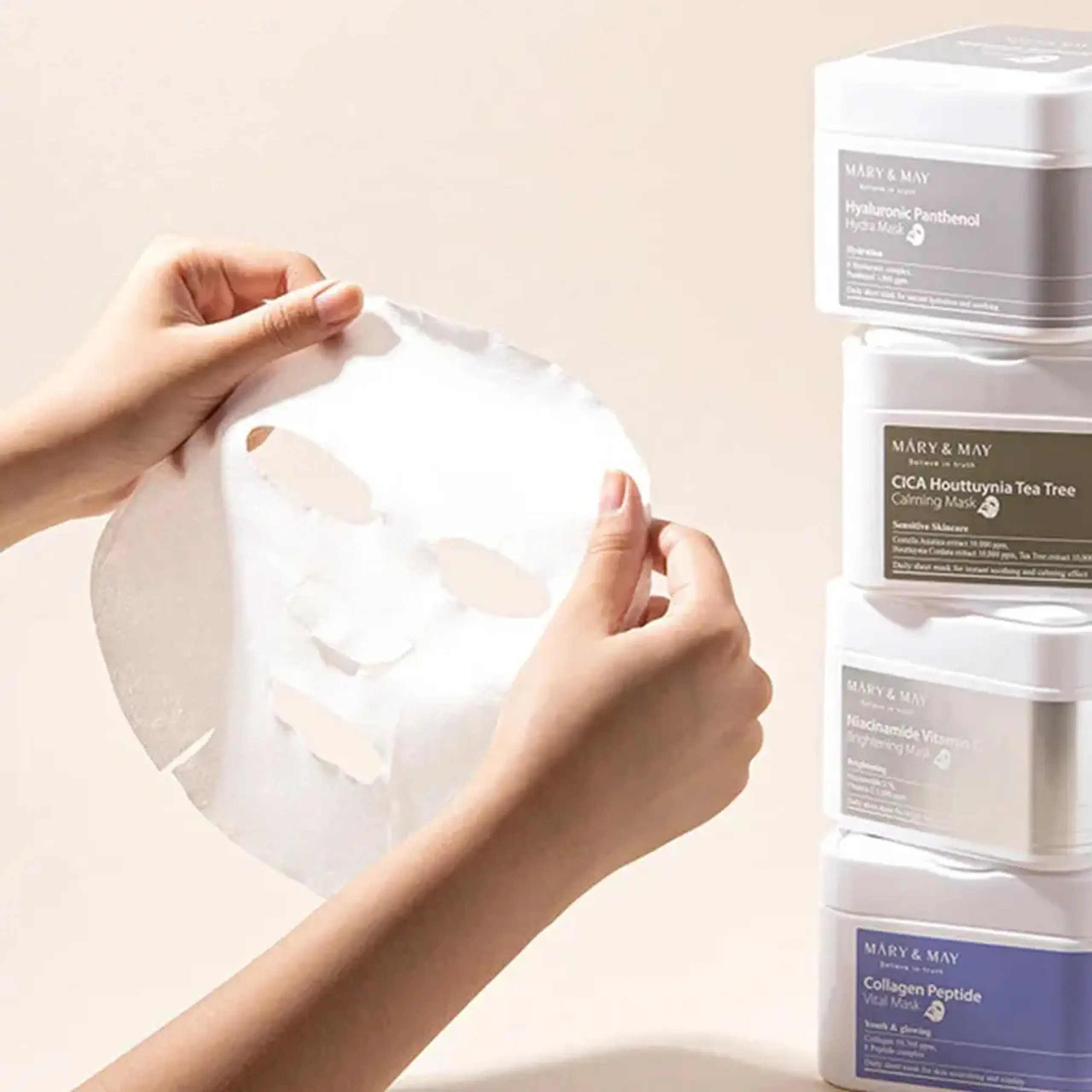 Set de măști hidratante cu pantenol și șase tipuri de acid hialuronic Mary &amp; May Hyaluronic Panthenol Hydra Mask 30buc