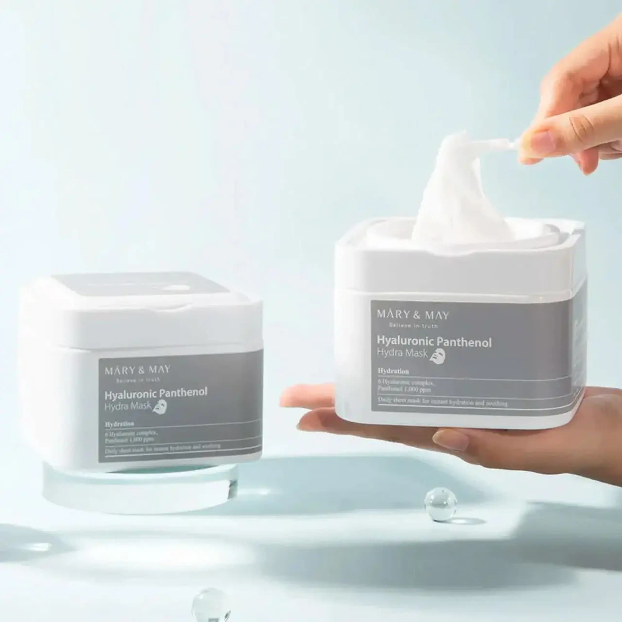 Set de măști hidratante cu pantenol și șase tipuri de acid hialuronic Mary &amp; May Hyaluronic Panthenol Hydra Mask 30buc