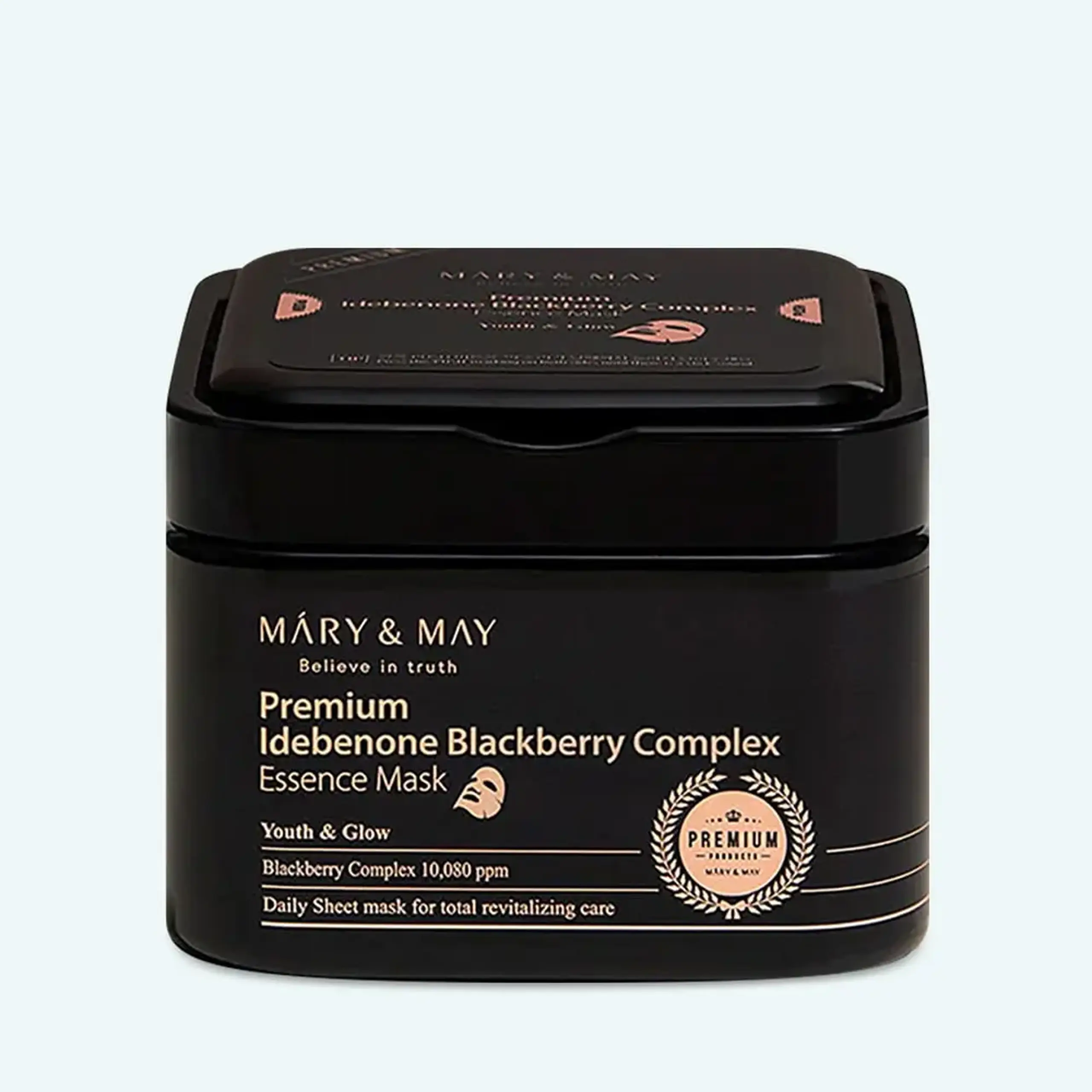 Set de măşti premium din ţesătură hidratantă, uniformizează tenul MARY & MAY Premium Idebenon Blackberry Complex Essence Mask 20pcs