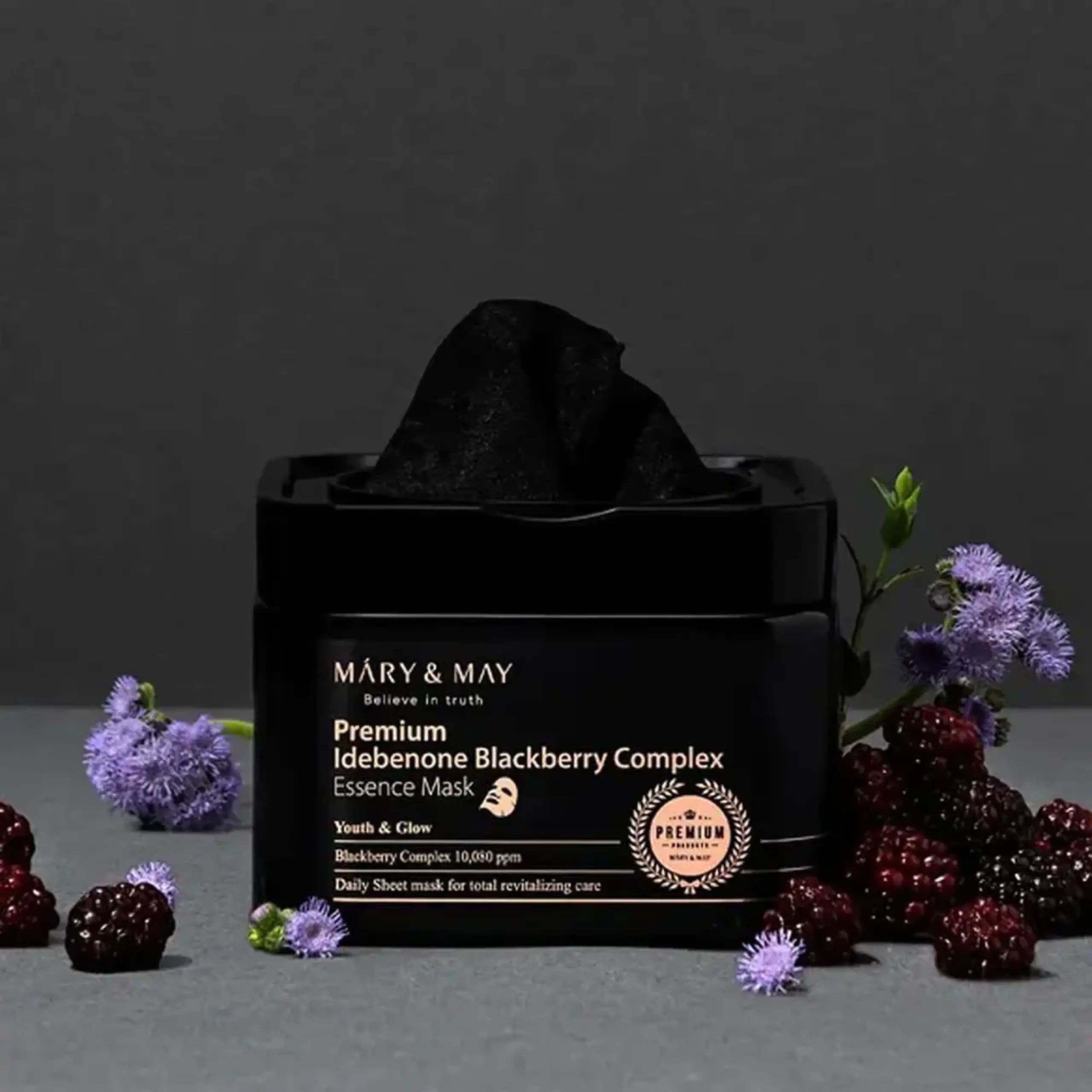 Set de măşti premium din ţesătură hidratantă, uniformizează tenul MARY &amp; MAY Premium Idebenon Blackberry Complex Essence Mask 20pcs