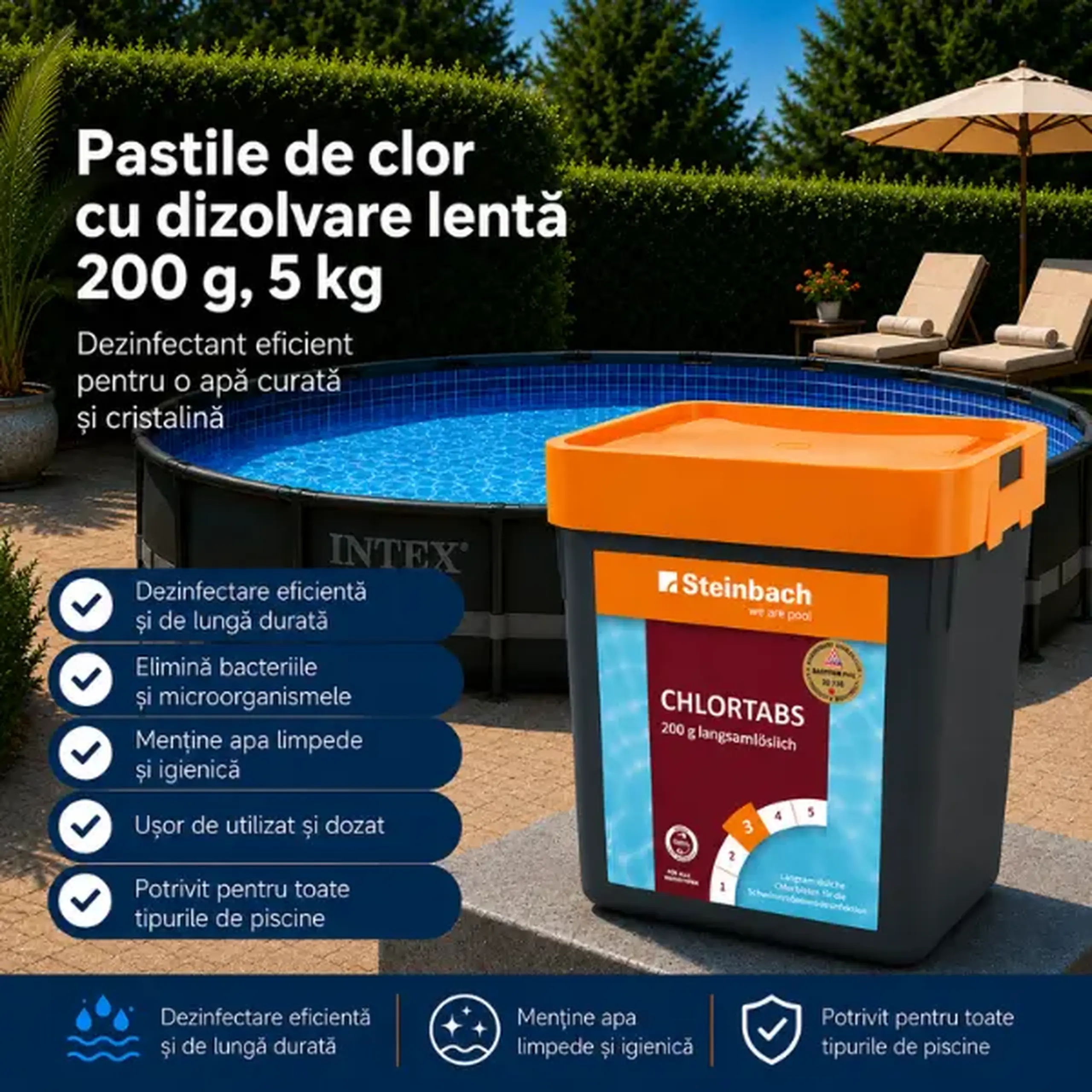 Pastile de clor cu dizolvare lentă 25 buc. х 200 g, 5 kg