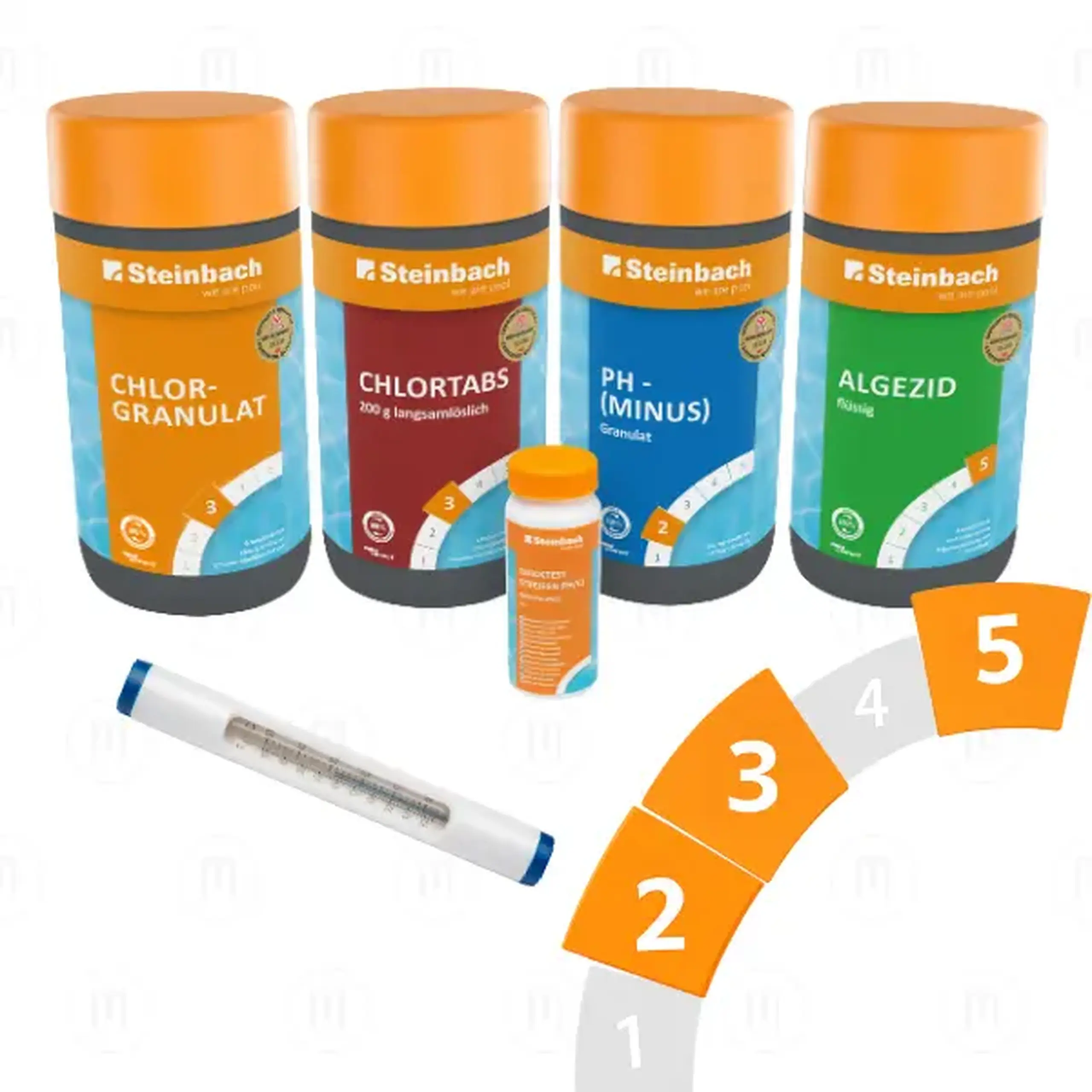Starter Set: termometru, benzi de testare, granule pH-minus, granule de clor, tablete de clor 200 g, lichid contra algelor