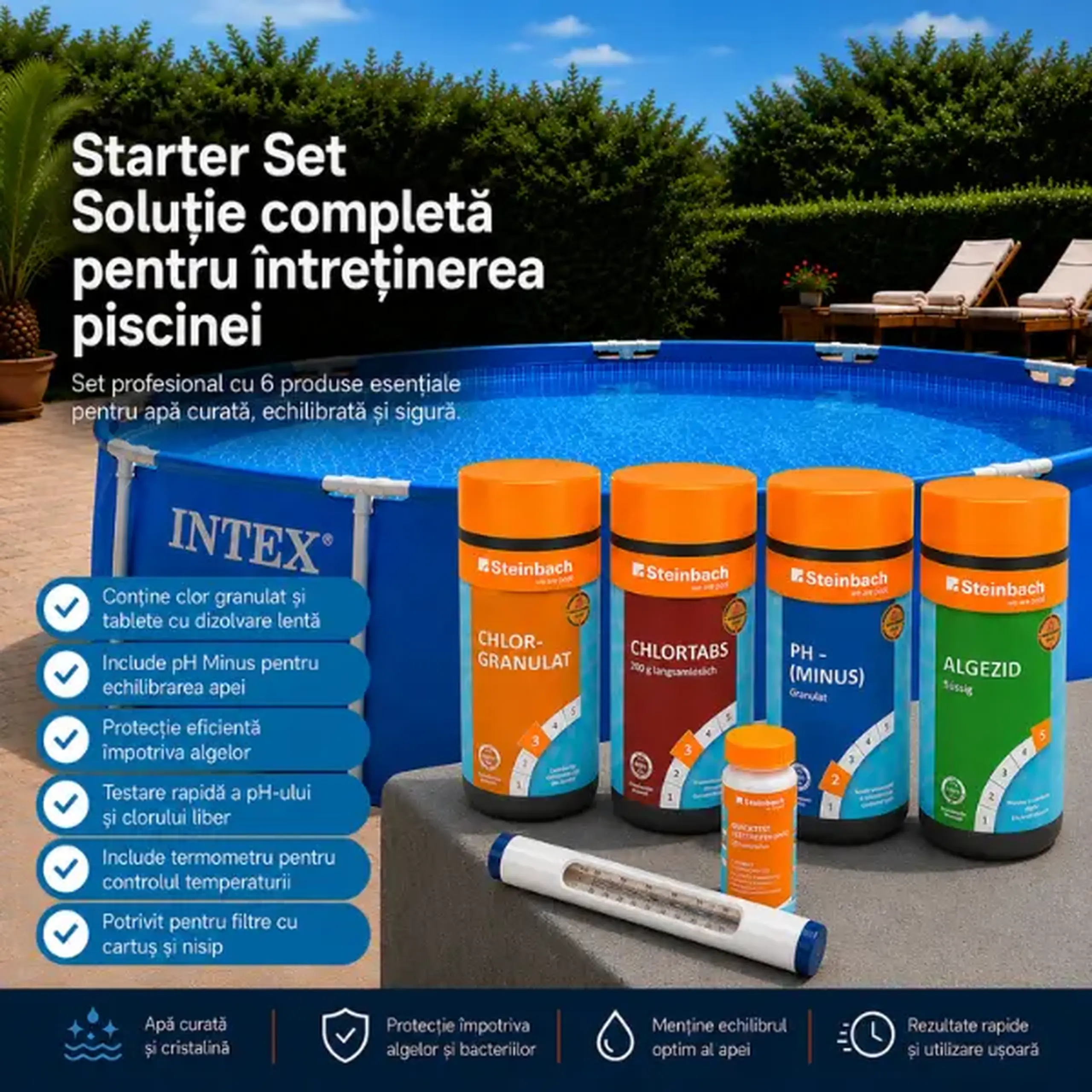 Starter Set: termometru, benzi de testare, granule pH-minus, granule de clor, tablete de clor 200 g, lichid contra algelor