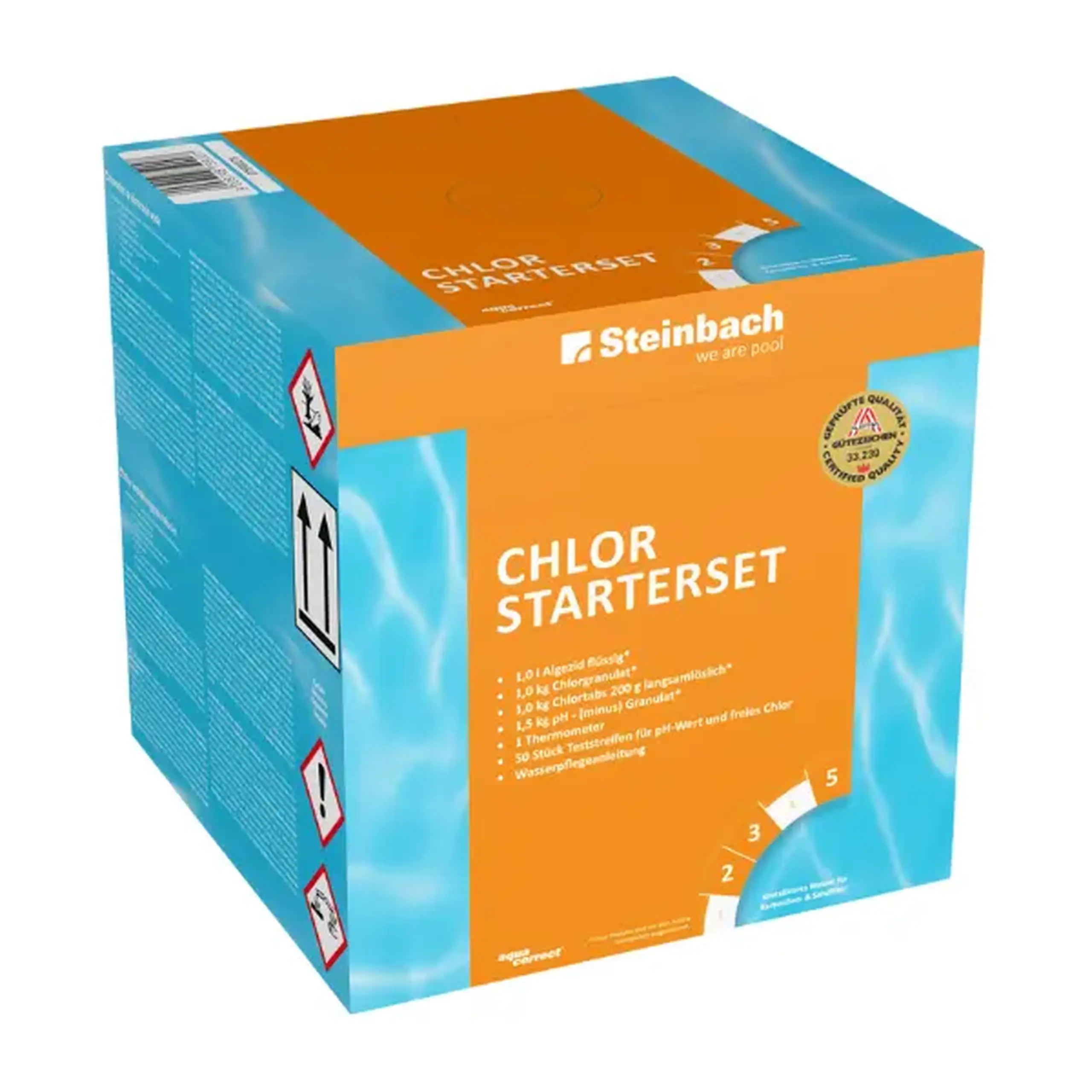 Starter Set: termometru, benzi de testare, granule pH-minus, granule de clor, tablete de clor 200 g, lichid contra algelor