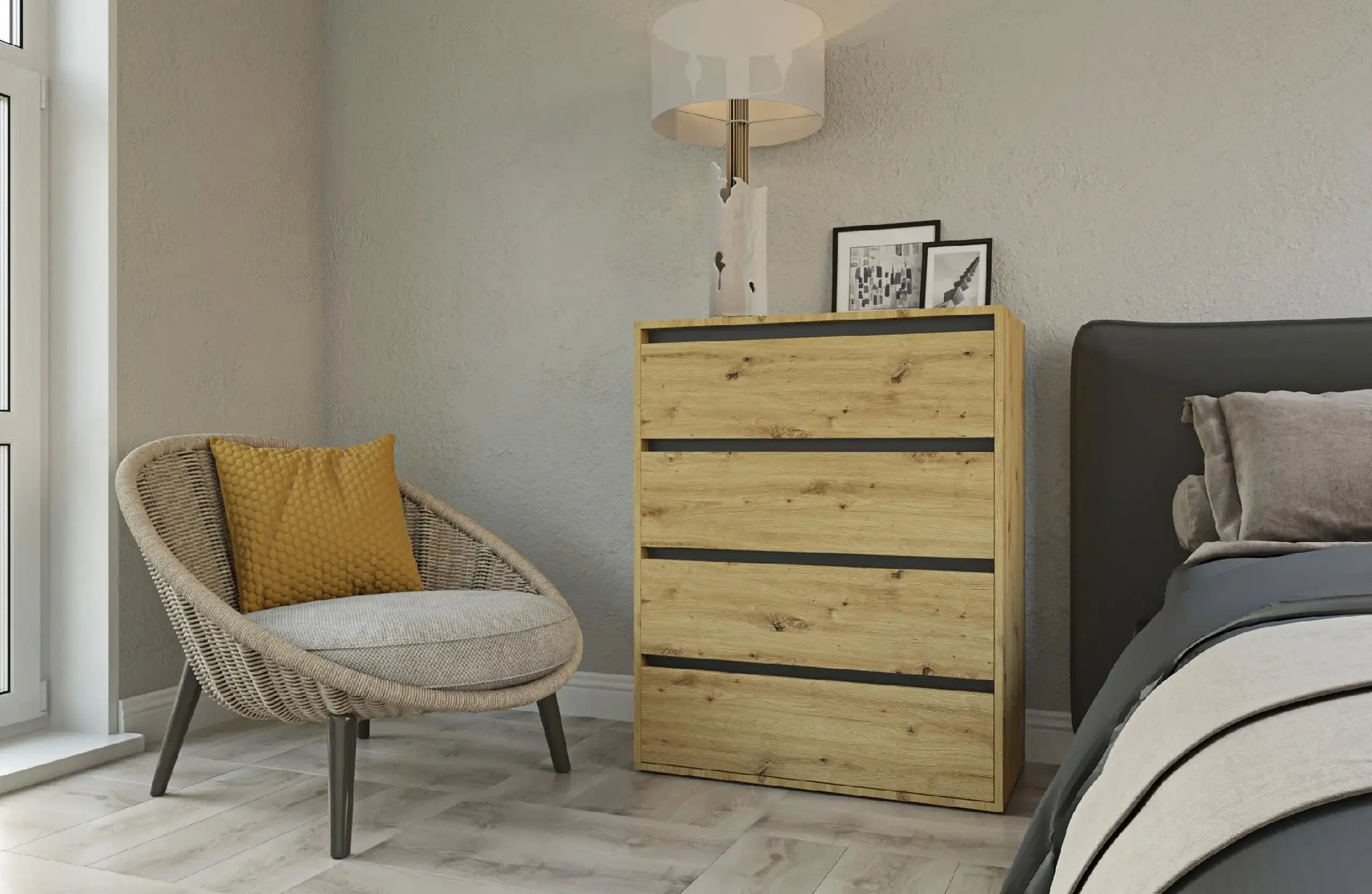 Comoda 4home Ideea K, 80x100x42 cm, 4 sertare, Stejar Artizanal/Gri Grafit