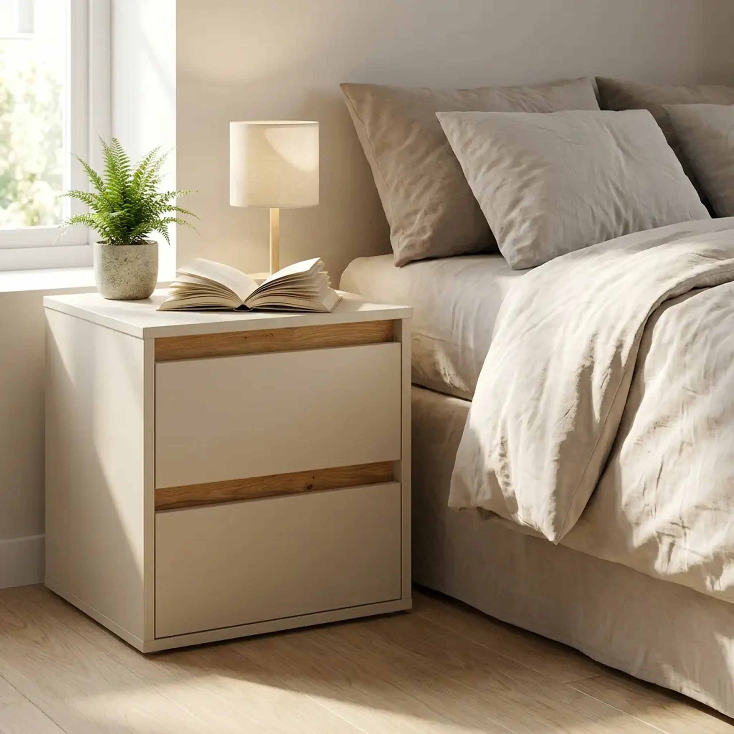 Noptiera 4home Ideea, 40x40x35 cm, 2 sertare, Satin/Stejar Kraft Auriu