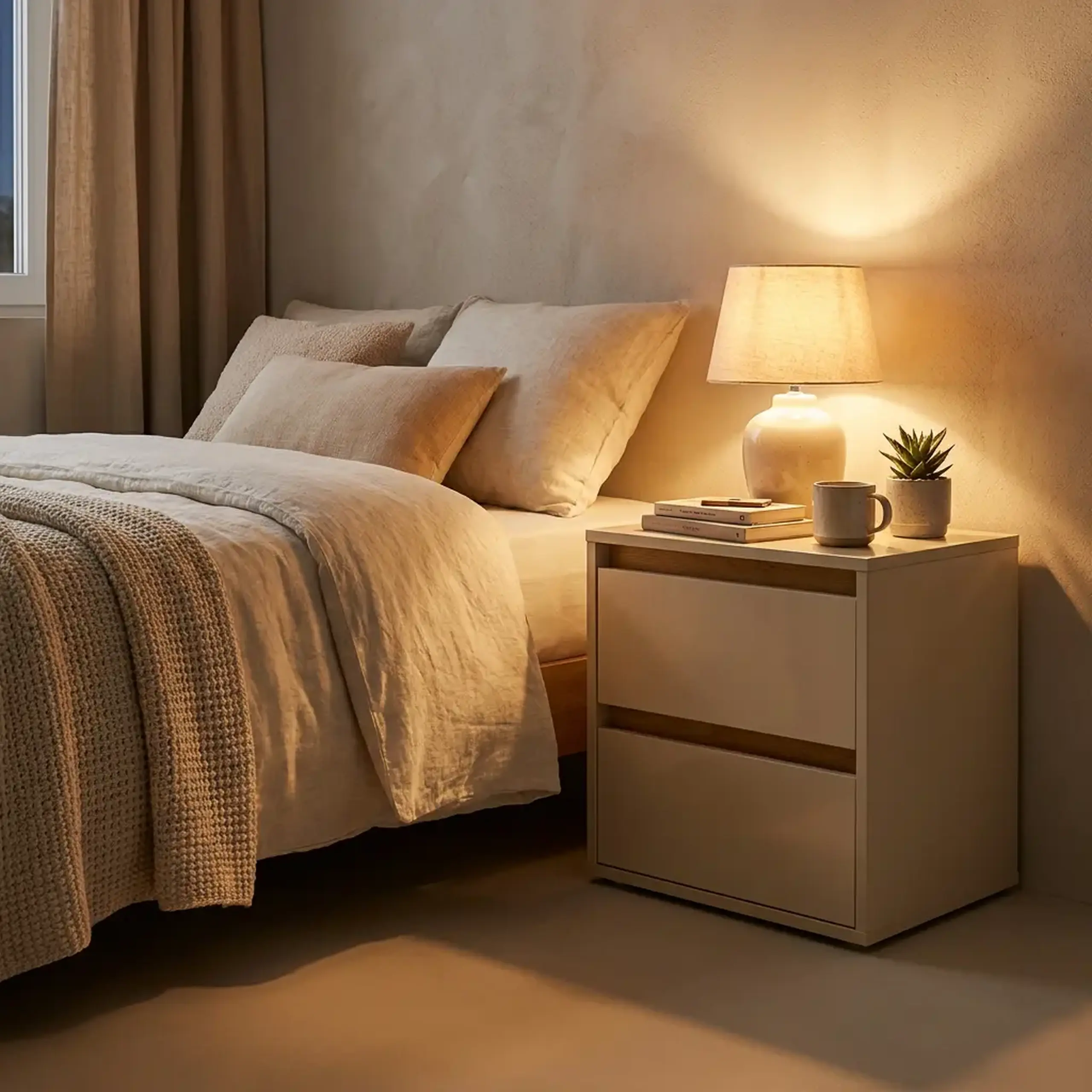 Noptiera 4home Ideea, 40x40x35 cm, 2 sertare, Satin/Stejar Kraft Auriu