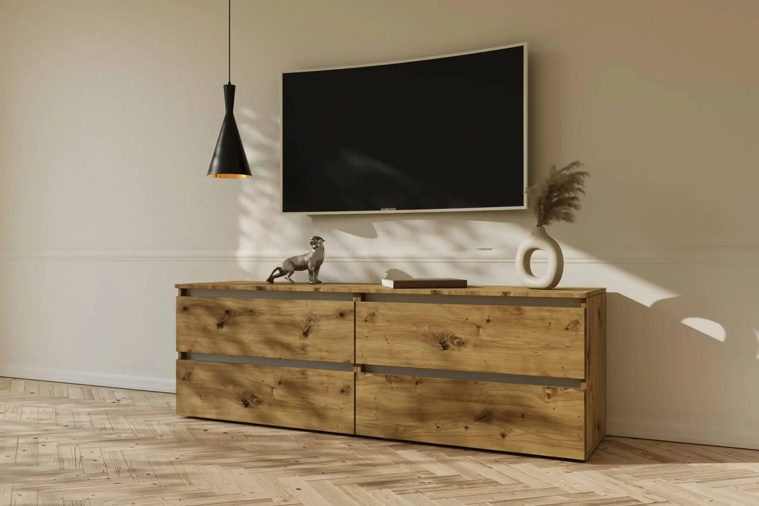 Comoda TV 4home Ideea, 52x160 cm, 2x2 sertare, Stejar Artizanal/Nimfea Alba