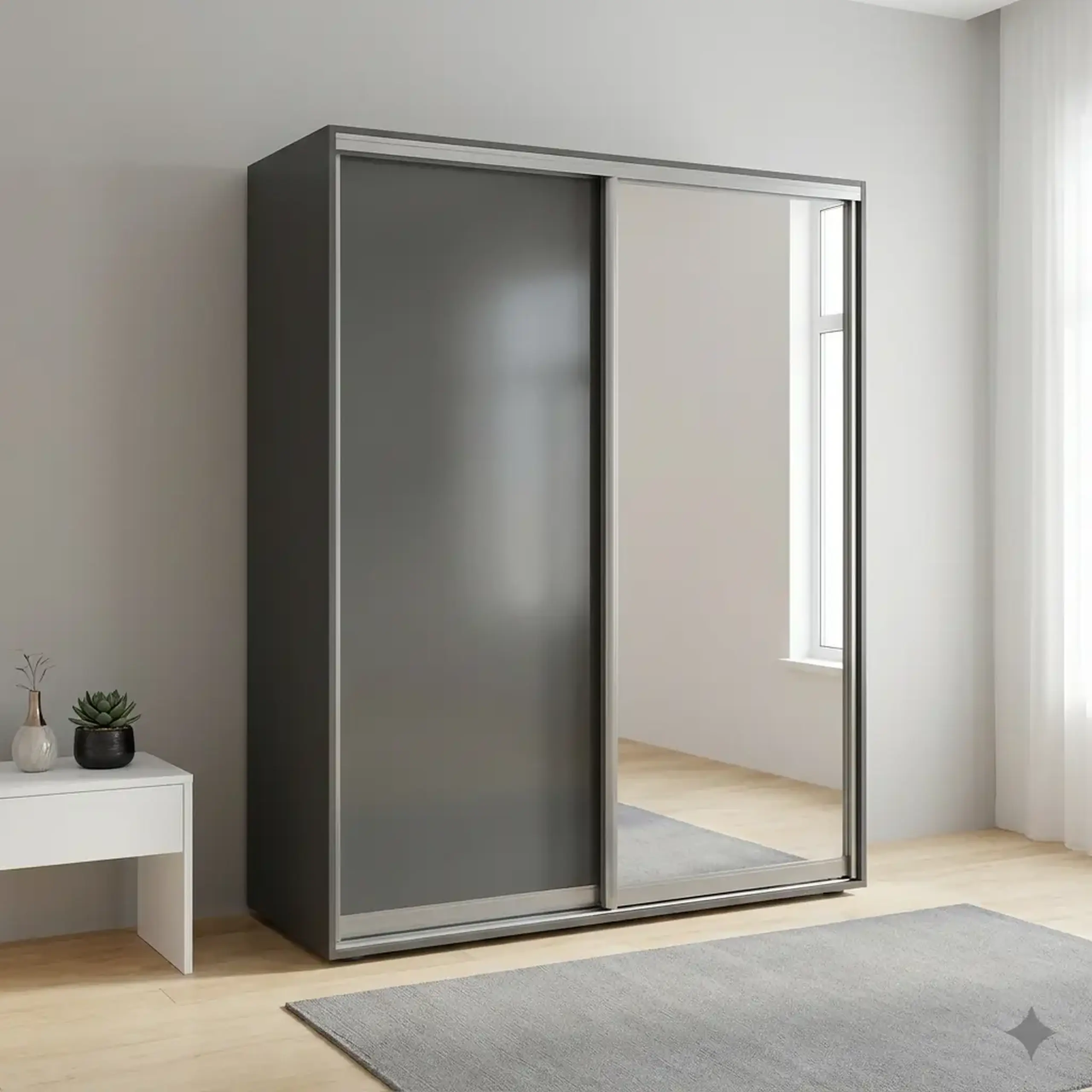 Dulap Cupe Fenix cu 2 usi, 1 PAL + 1 Oglinda, Antracit, 160x60x240 cm