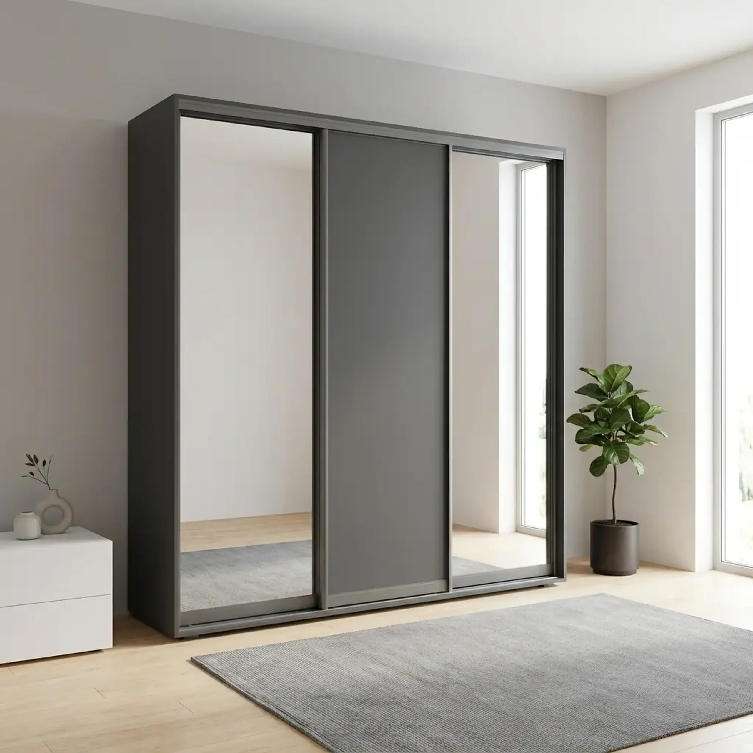 Dulap Cupe Fenix cu 3 usi, 2 PAL + 1 Oglinda, Antracit, 240x60x220 cm