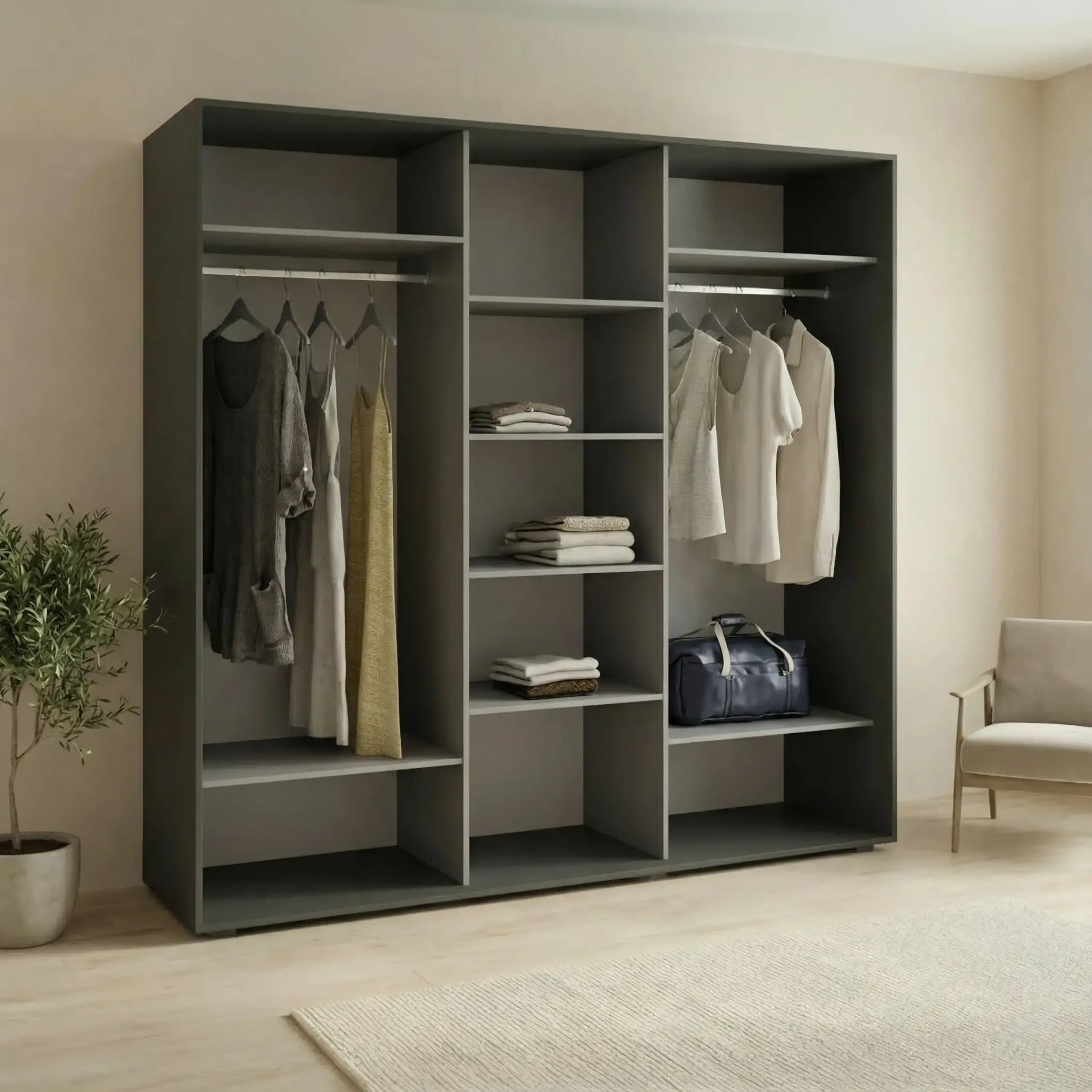 Dulap Cupe Fenix cu 3 usi, 2 PAL + 1 Oglinda, Antracit, 240x60x220 cm