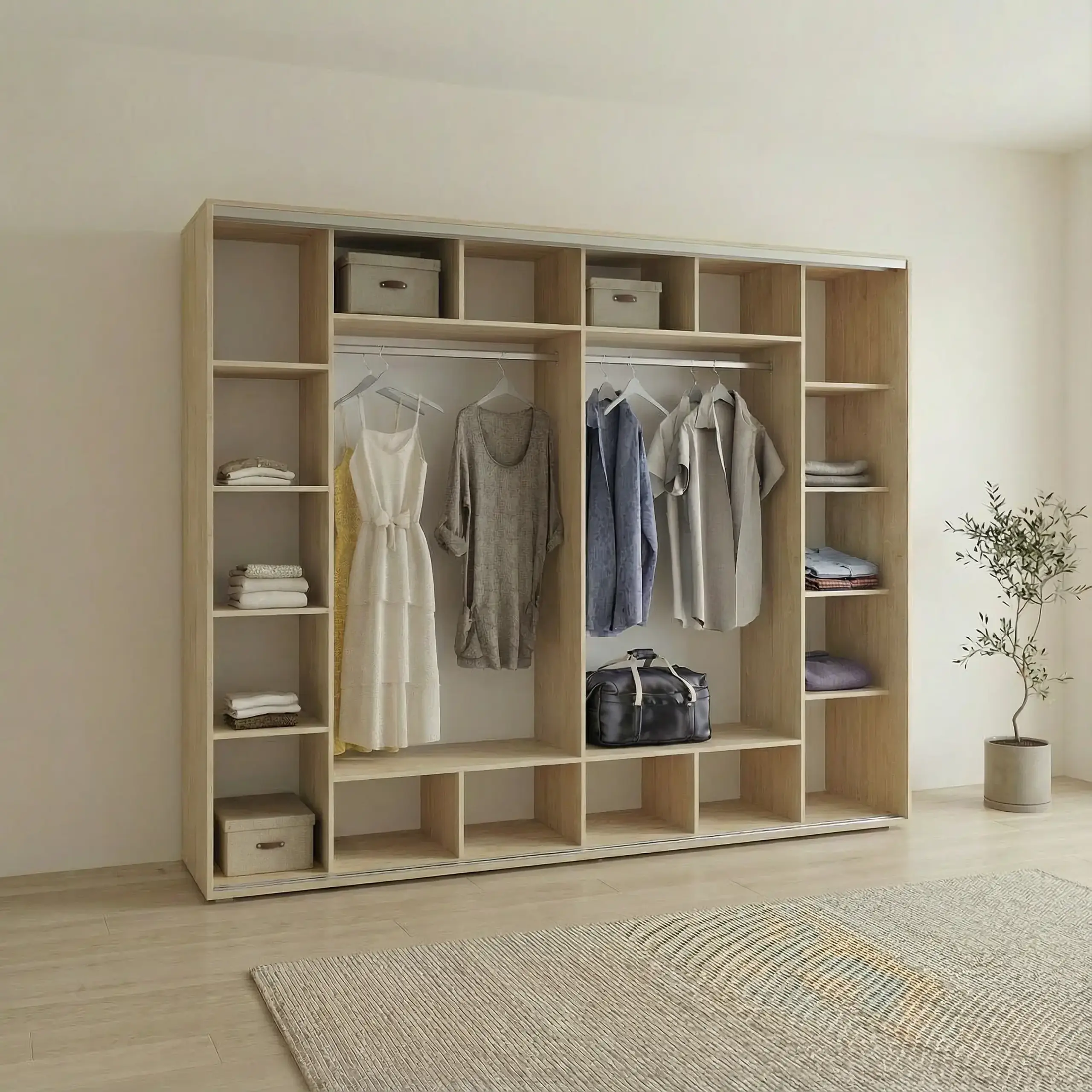 Dulap Cupe Fenix cu 4 usi, 2 PAL + 2 Oglinda, Sonoma, 340x60x240 cm