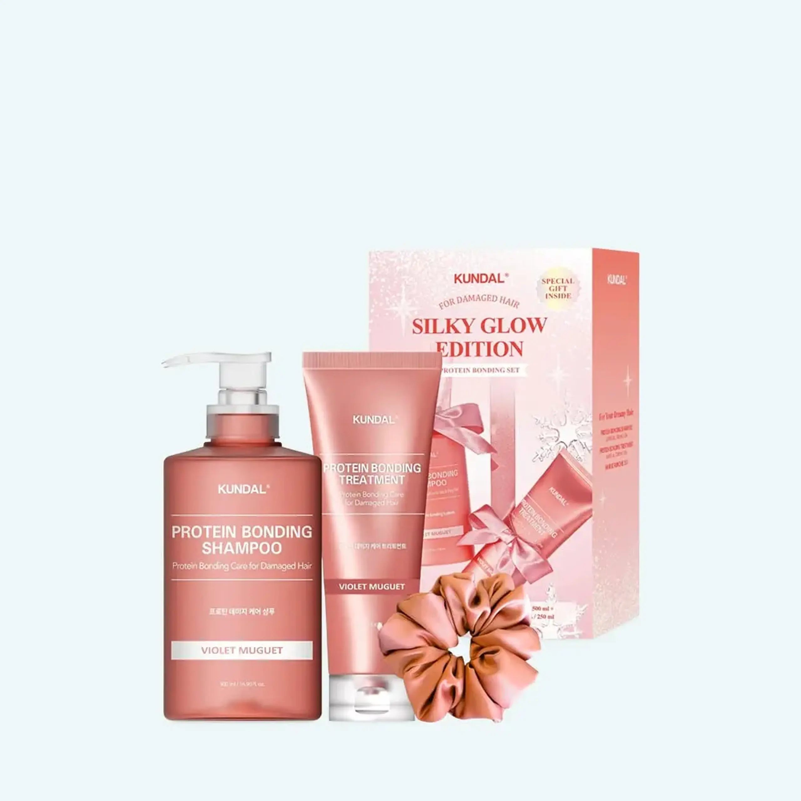 HOLIDAY SILK GLOW EDITION PROTEIN BONDING CARE SHAMPOO 500ML + TREATMENT 250ML + HAIR SCRUNCHIE - VIOLET MUGUET