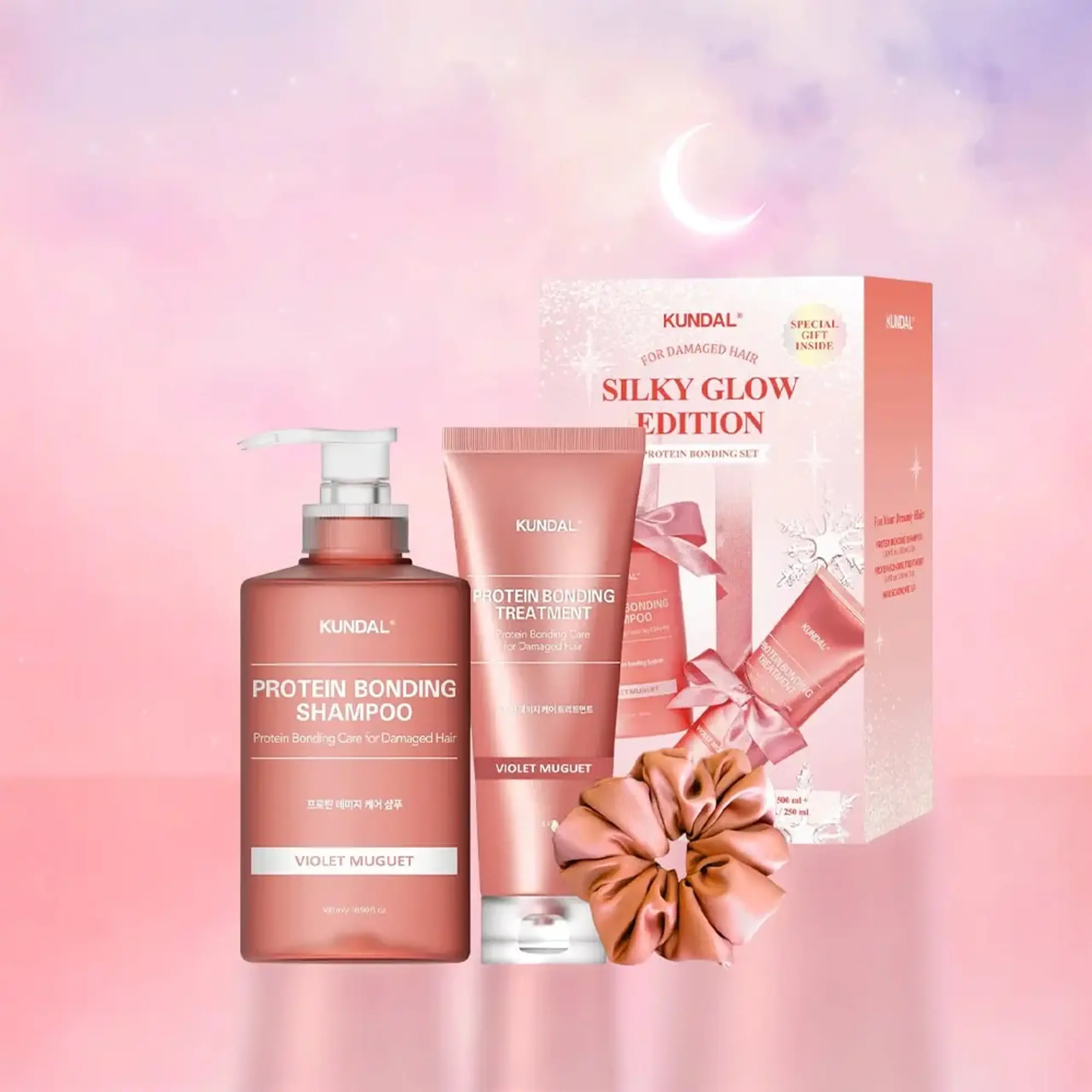 HOLIDAY SILK GLOW EDITION PROTEIN BONDING CARE SHAMPOO 500ML + TREATMENT 250ML + HAIR SCRUNCHIE - VIOLET MUGUET