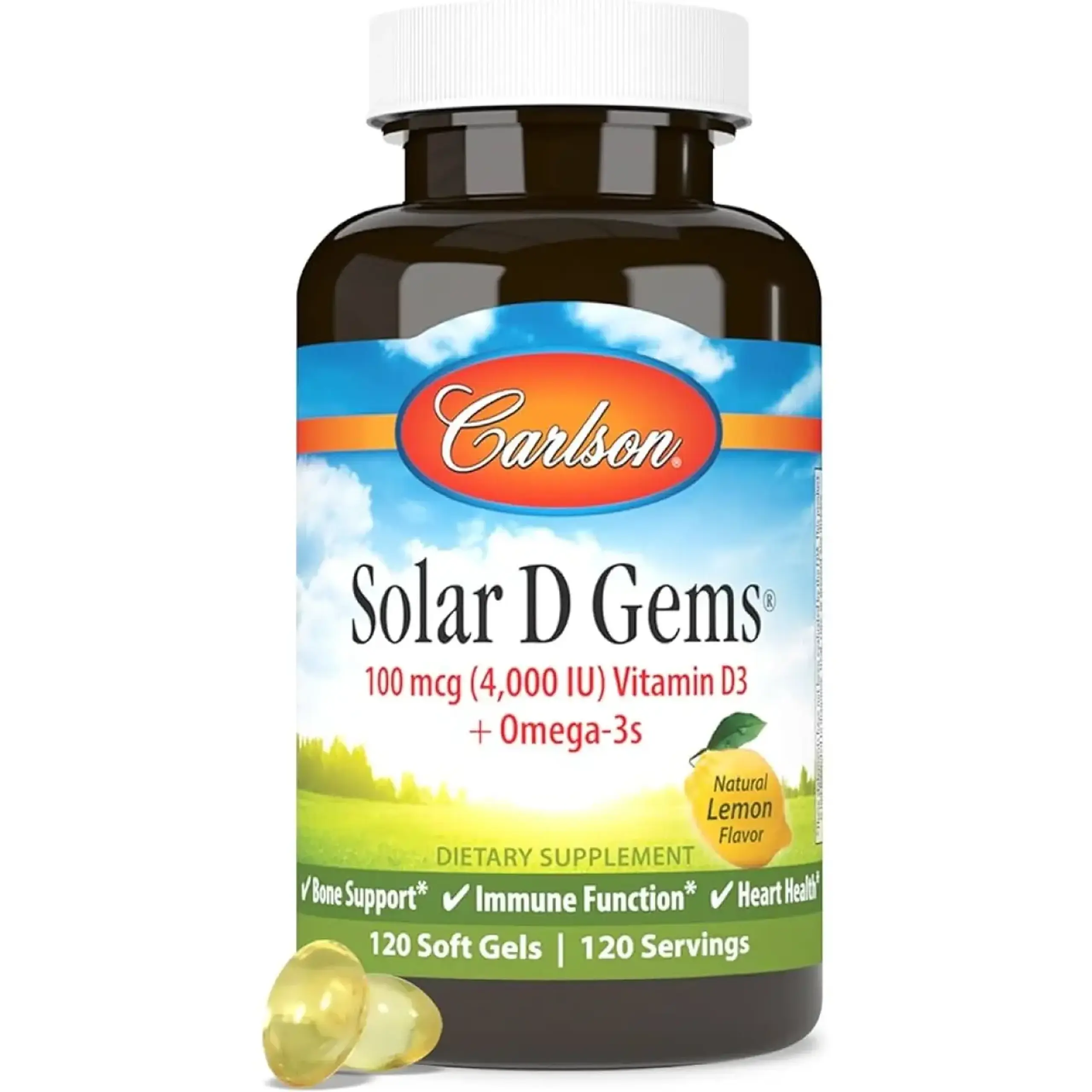 Carlson, Solar D-Gems Vitamin D-3 4000 IU+Omega-3, 120 Soft Gels