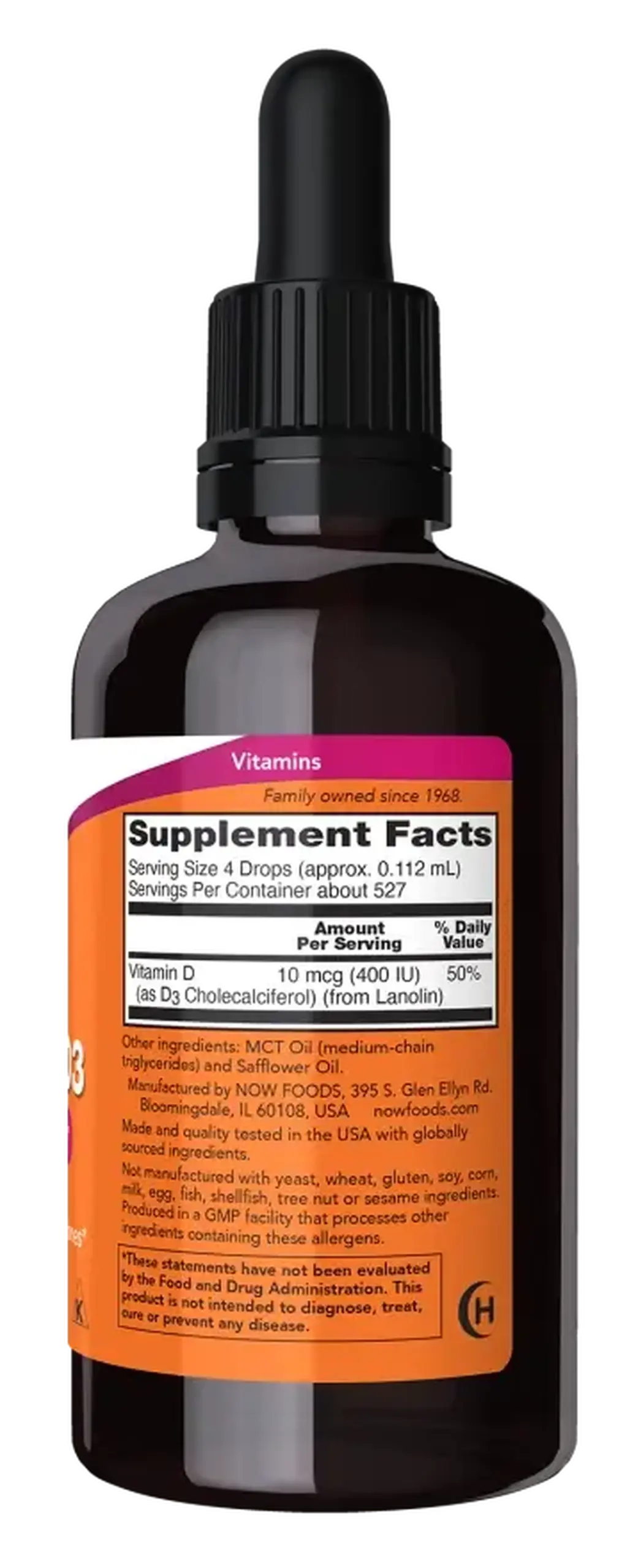 Now Foods, Vitamin D-3, 400 IU, Liquid, 59 ml