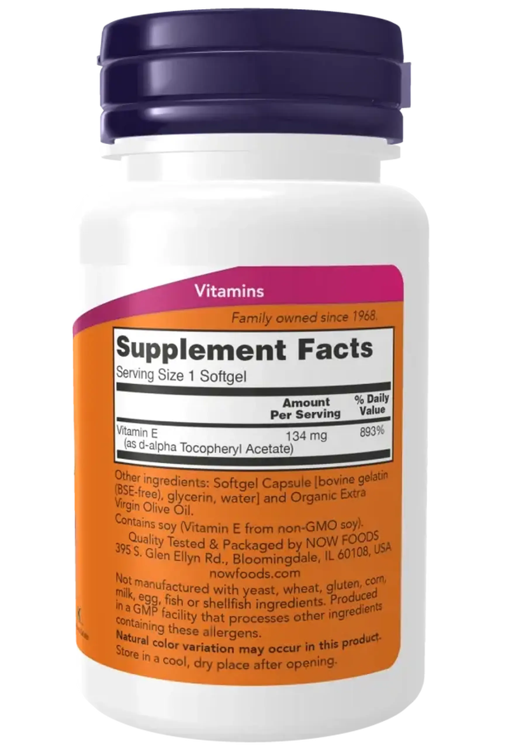 Now Foods, Natural Vitamin E-200 D-Alpha Tocopheryl, 100 capsule gelatinoase