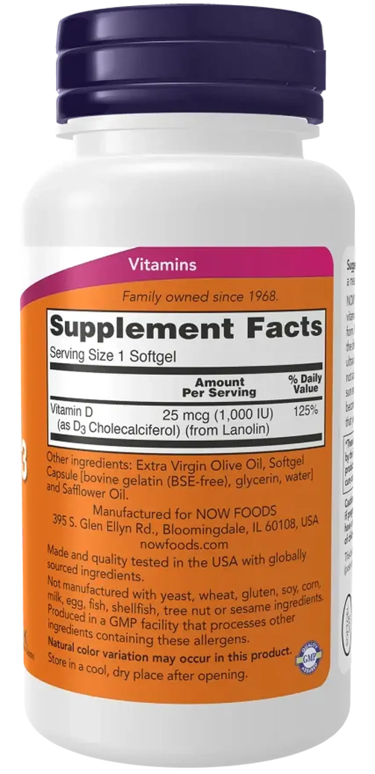Now Foods, Vitamin D-3, 1,000 IU, 180 capsule gelatinoase