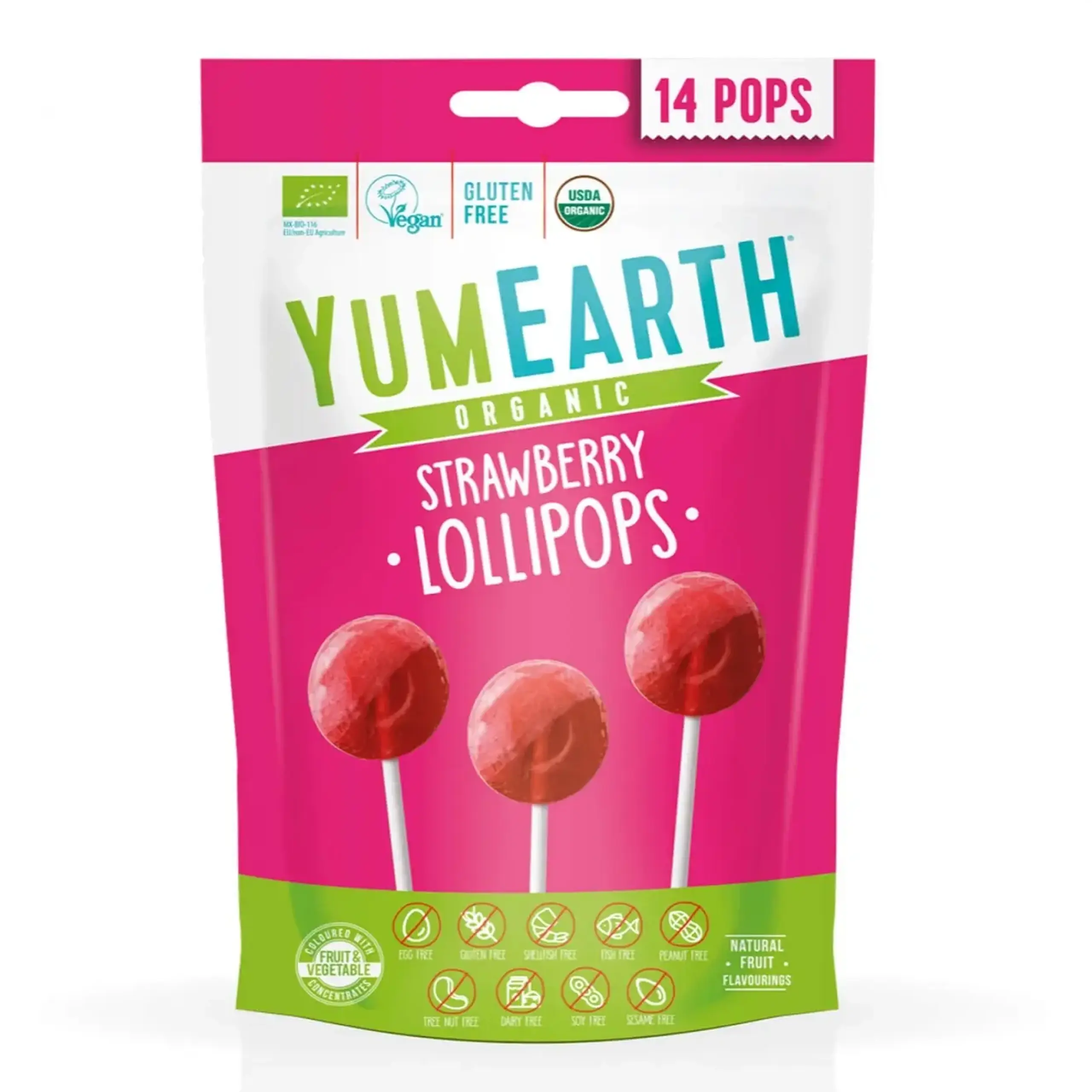 Acadele organice cu gust de căpșună YumEarth, Organic Pops, Strawberry, 14 Pops
