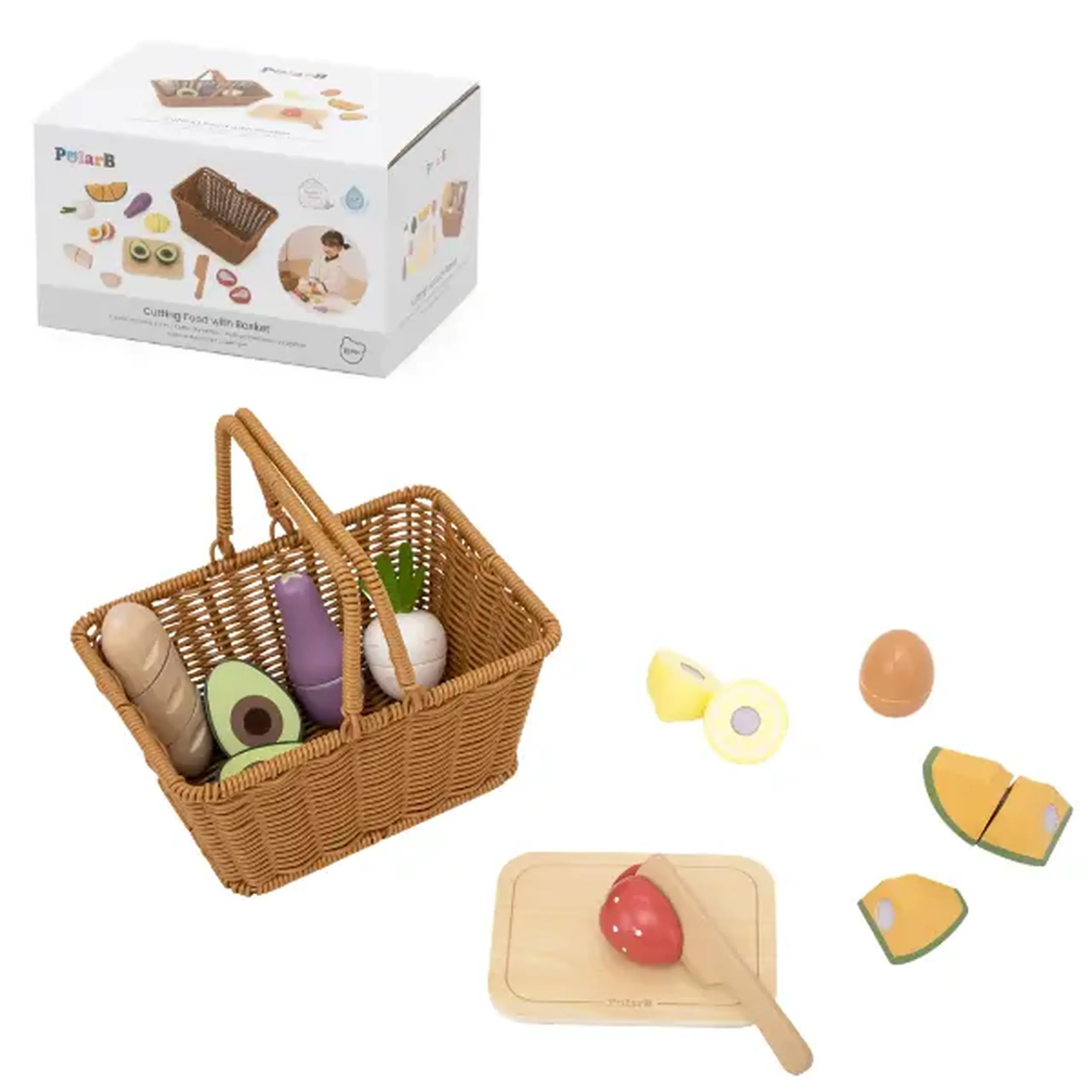 Set de joacă din lemn „Alimente pentru tăiat cu coș”