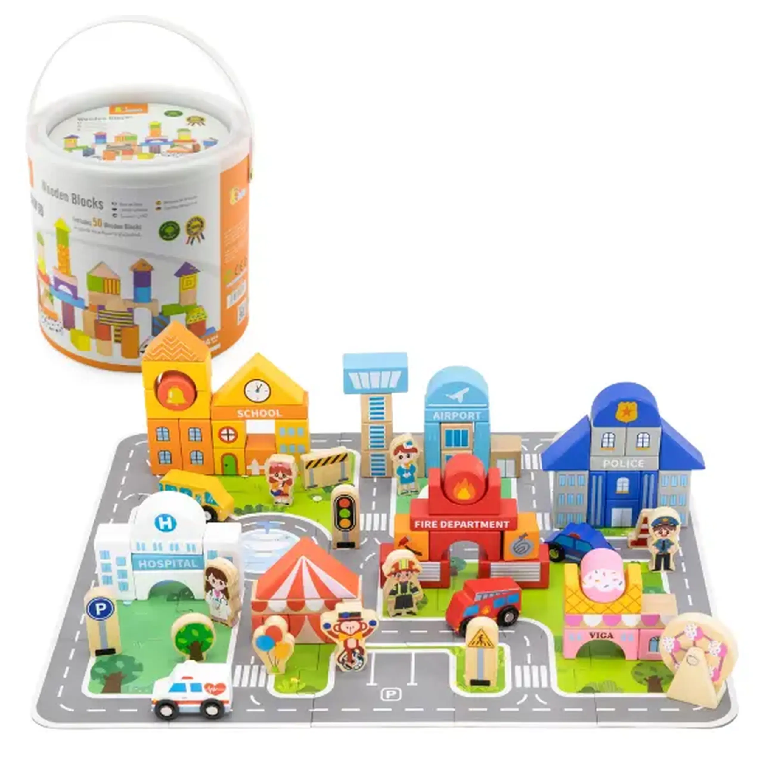 Set de construcție din lemn „Oraș” cu planșă de joc, 100 de piese