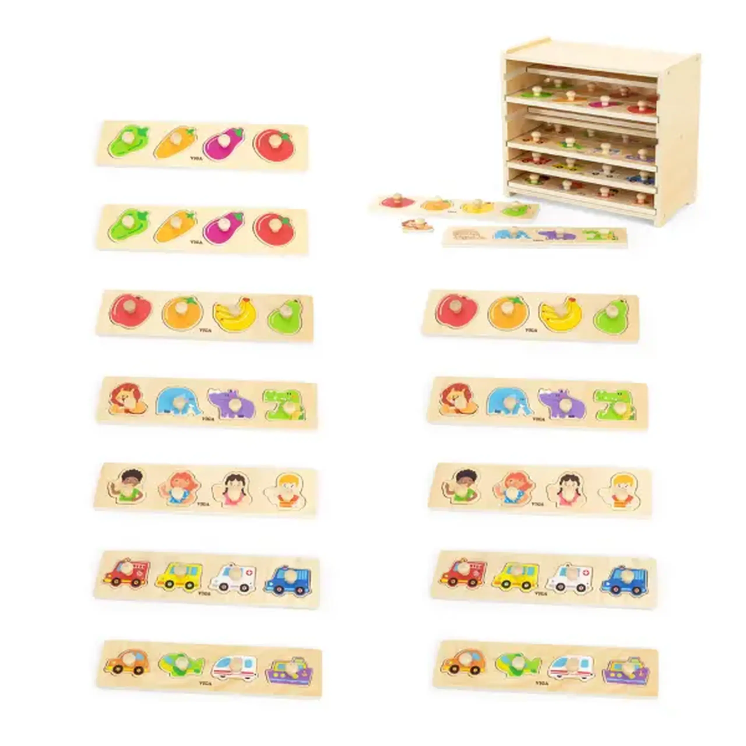 Set de puzzle-uri din lemn cu buton și suport, 12 puzzle-uri