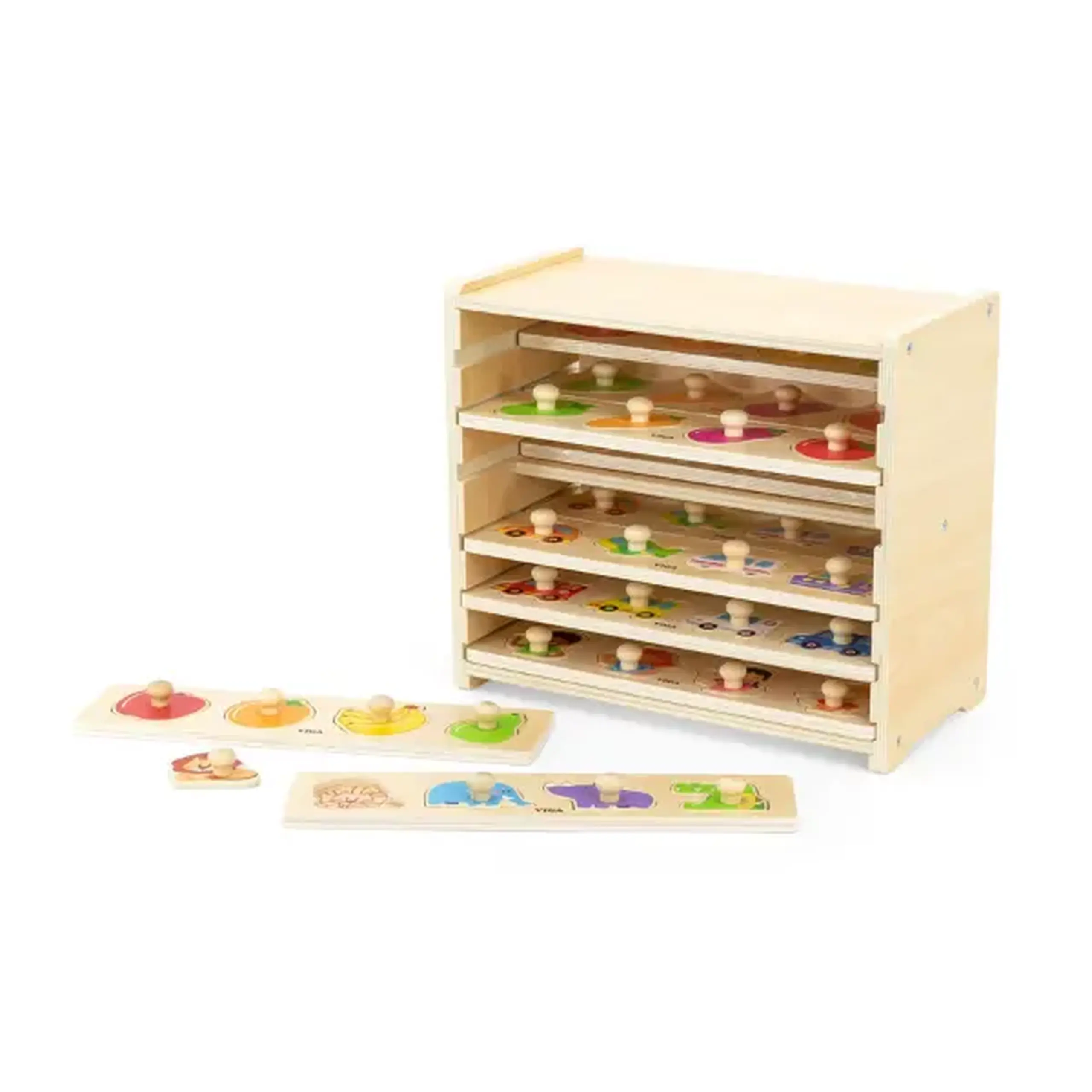 Set de puzzle-uri din lemn cu buton și suport, 12 puzzle-uri