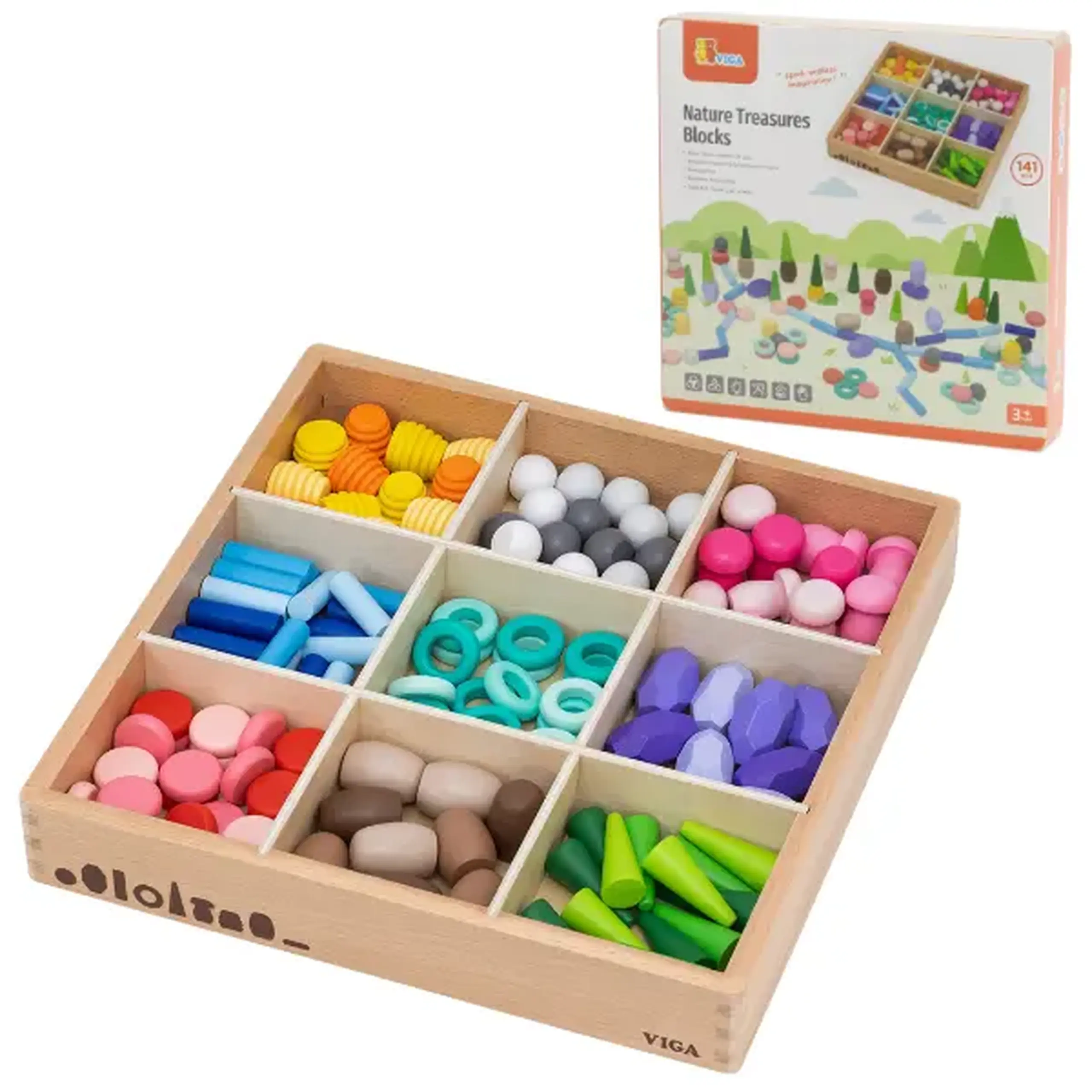 Set educativ din lemn pentru sortare și construcție, 141 piese