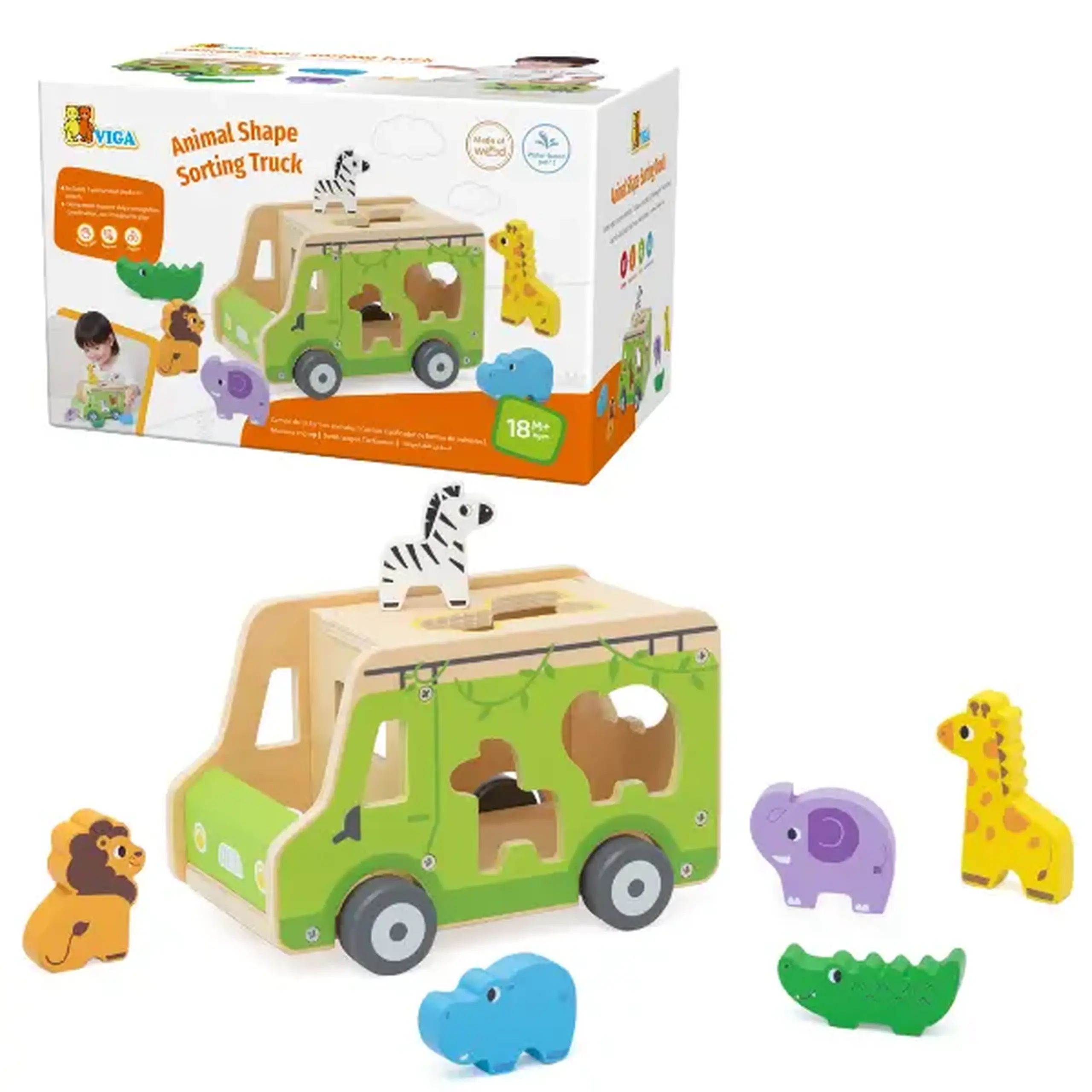 Camion-sortator din lemn cu animale sălbatice, 7 piese