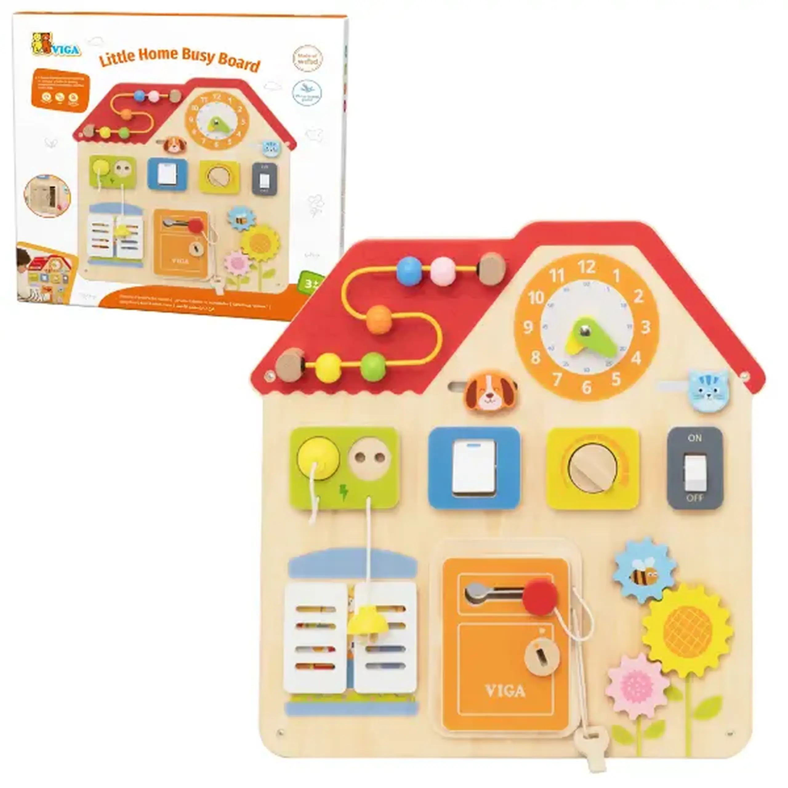 Panou educativ din lemn „Căsuță”, 11 elemente interactive