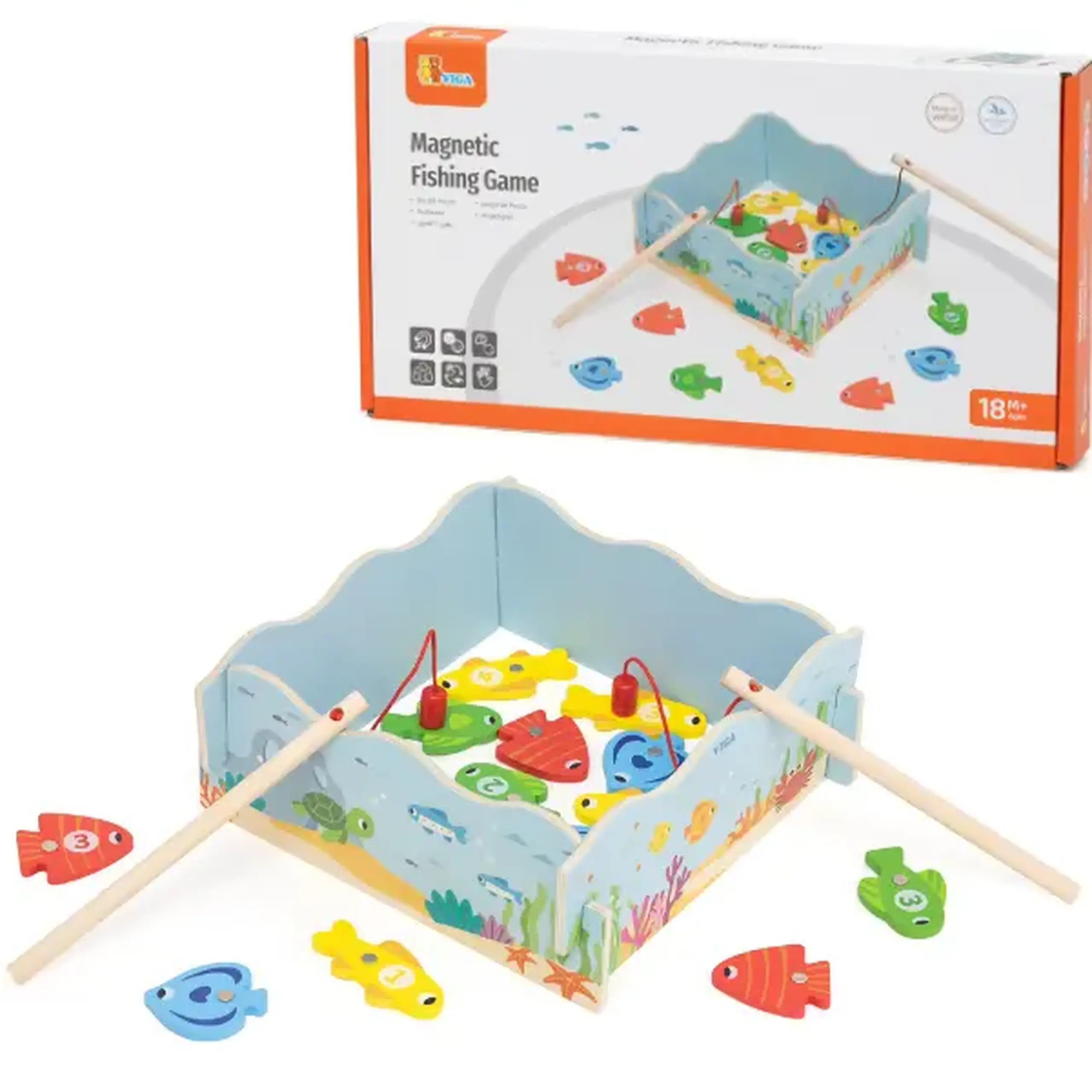 Joc de masă din lemn Viga Toys „Pescuit magnetic”, 16 peștișori