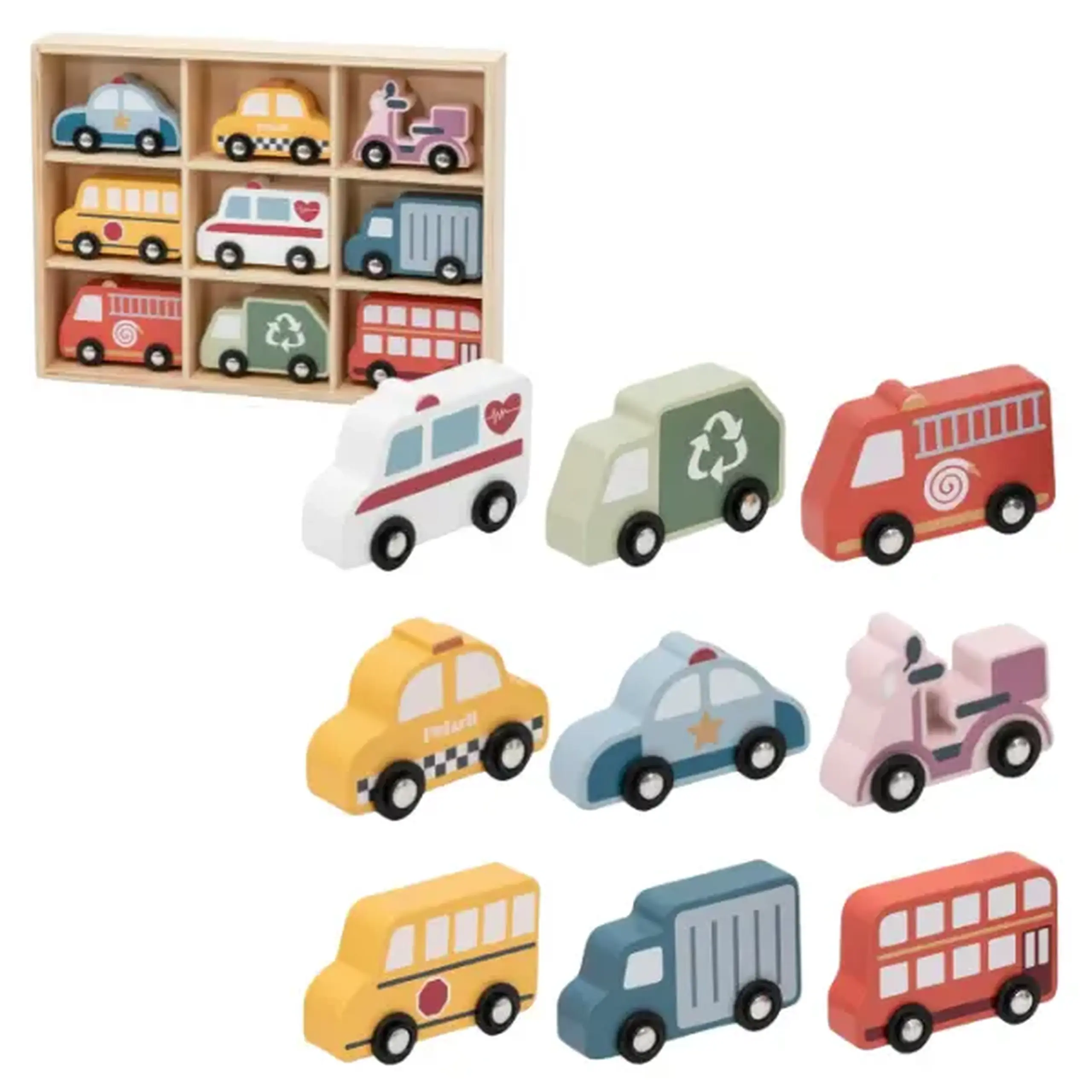 Set de vehicule urbane din lemn, 9 buc.