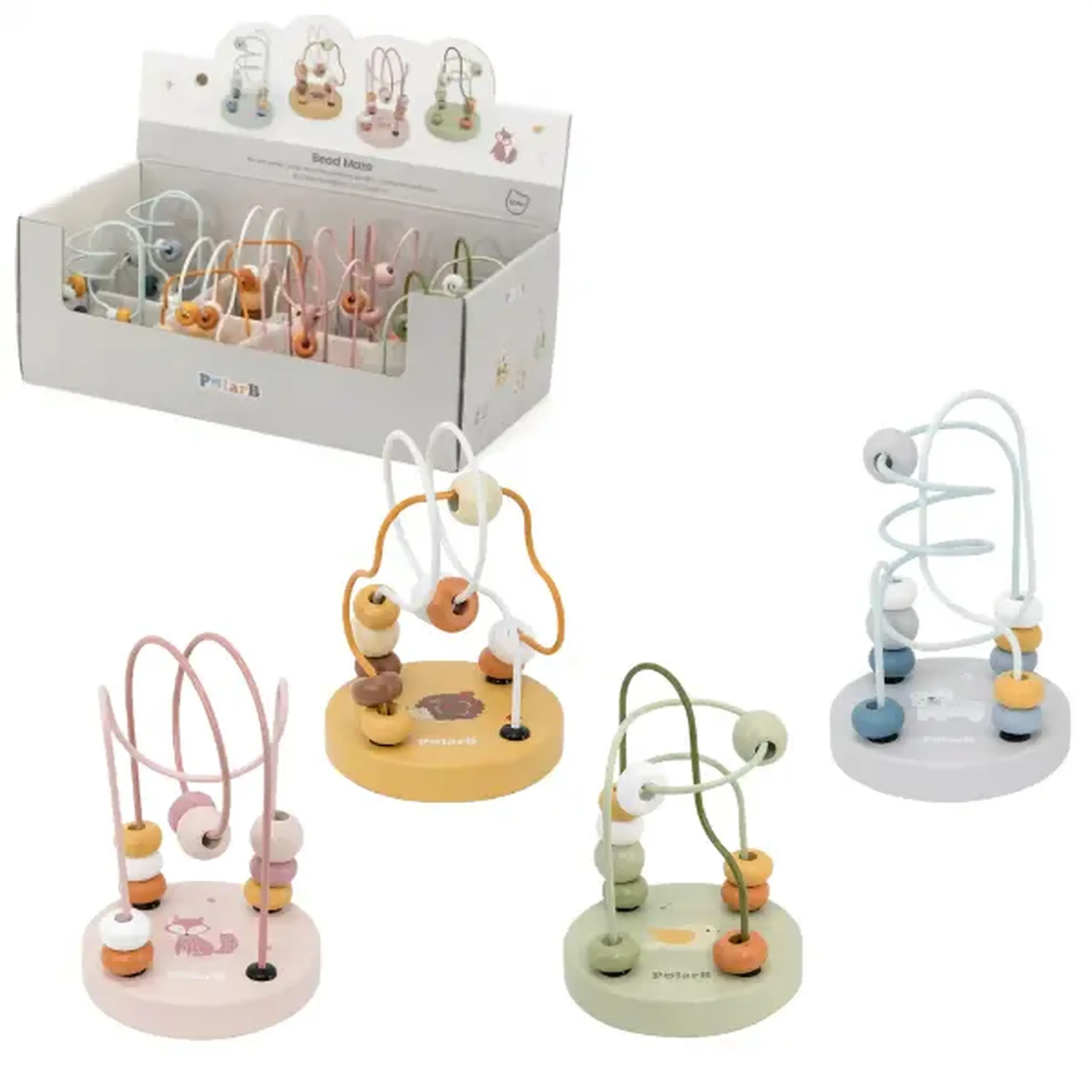 Labirint din lemn cu mărgele colorate, 10 elemente, 4 modele