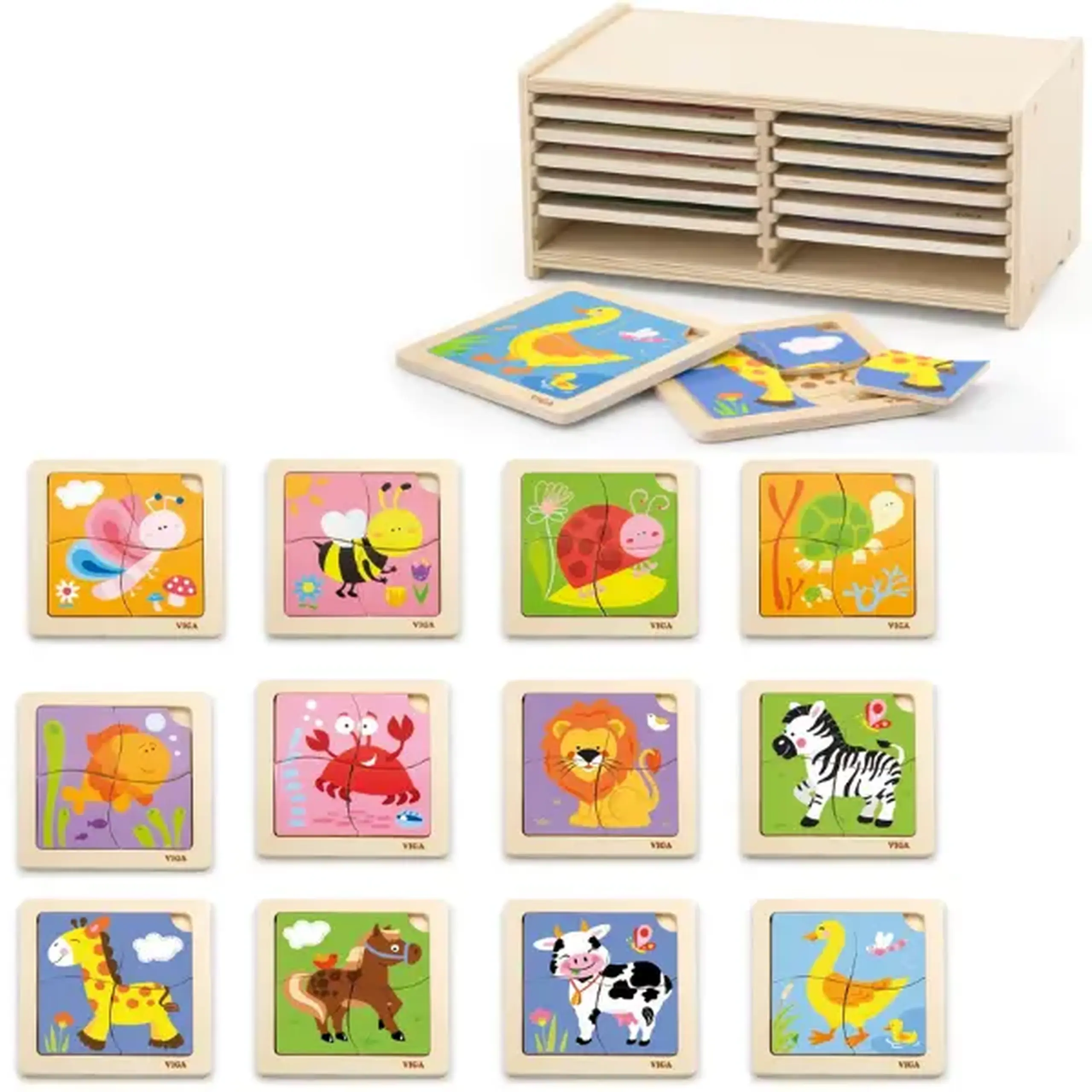 Set de puzzle-uri din lemn cu suport, 12 puzzle-uri