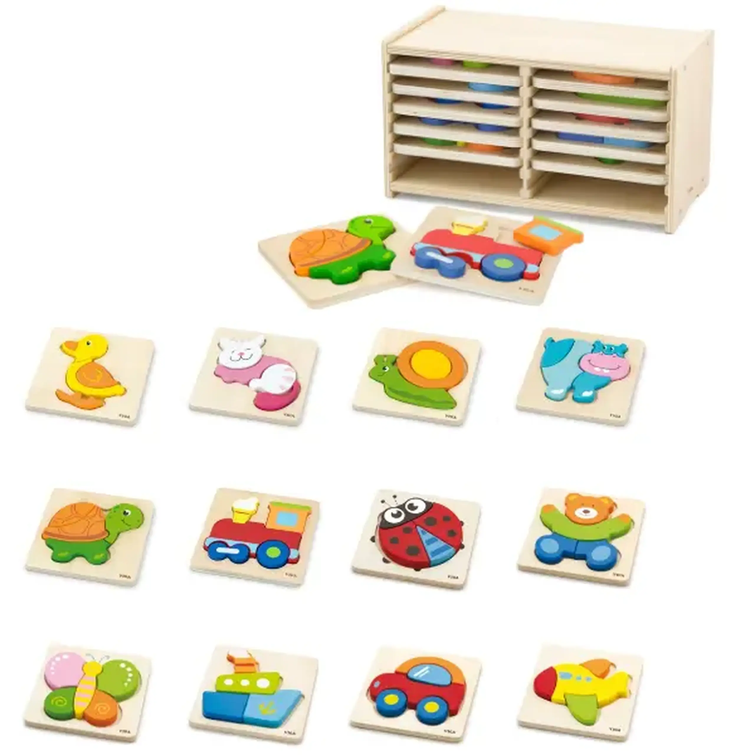 Set de mini-puzzle-uri din lemn cu suport, 12 buc.