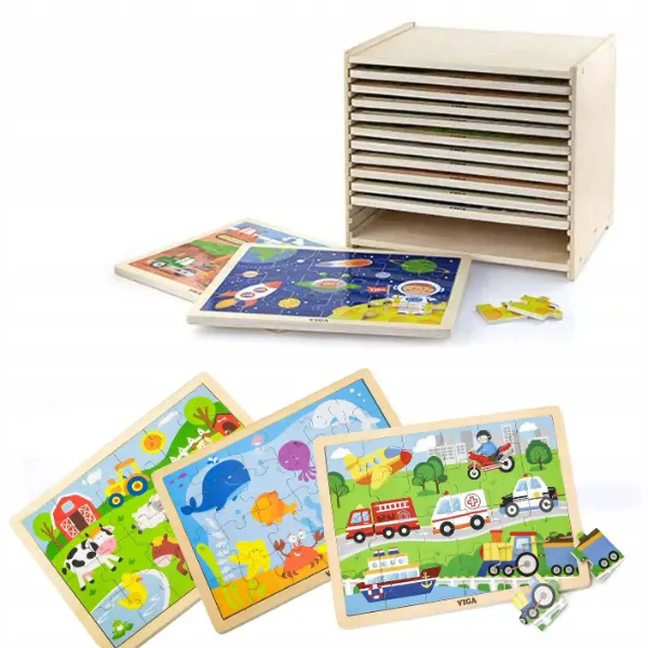 Set de puzzle-uri din lemn Viga Toys cu suport, 12 puzzle-uri a câte 9 piese