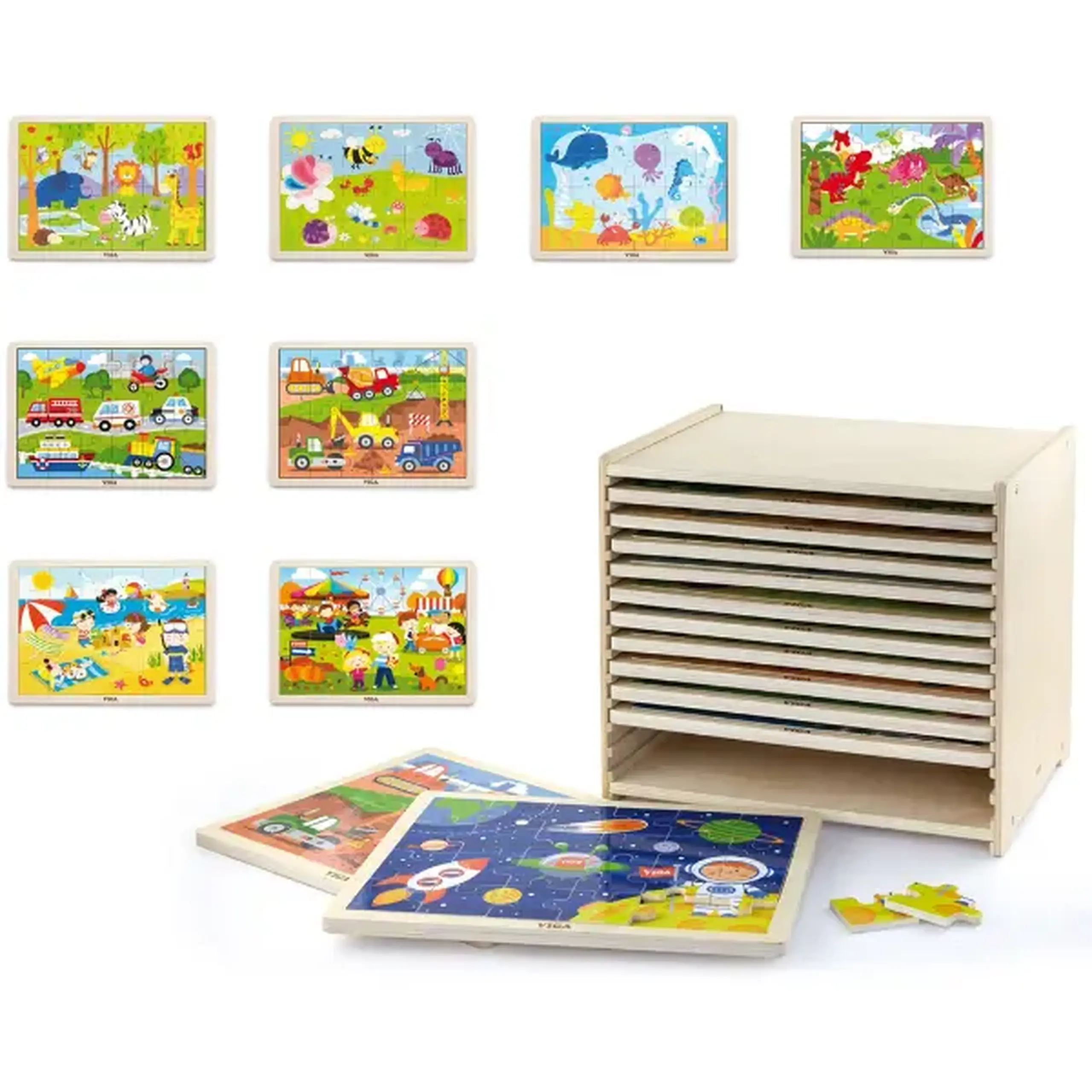 Set de puzzle-uri din lemn cu suport, 12 puzzle-uri a câte 24 piese
