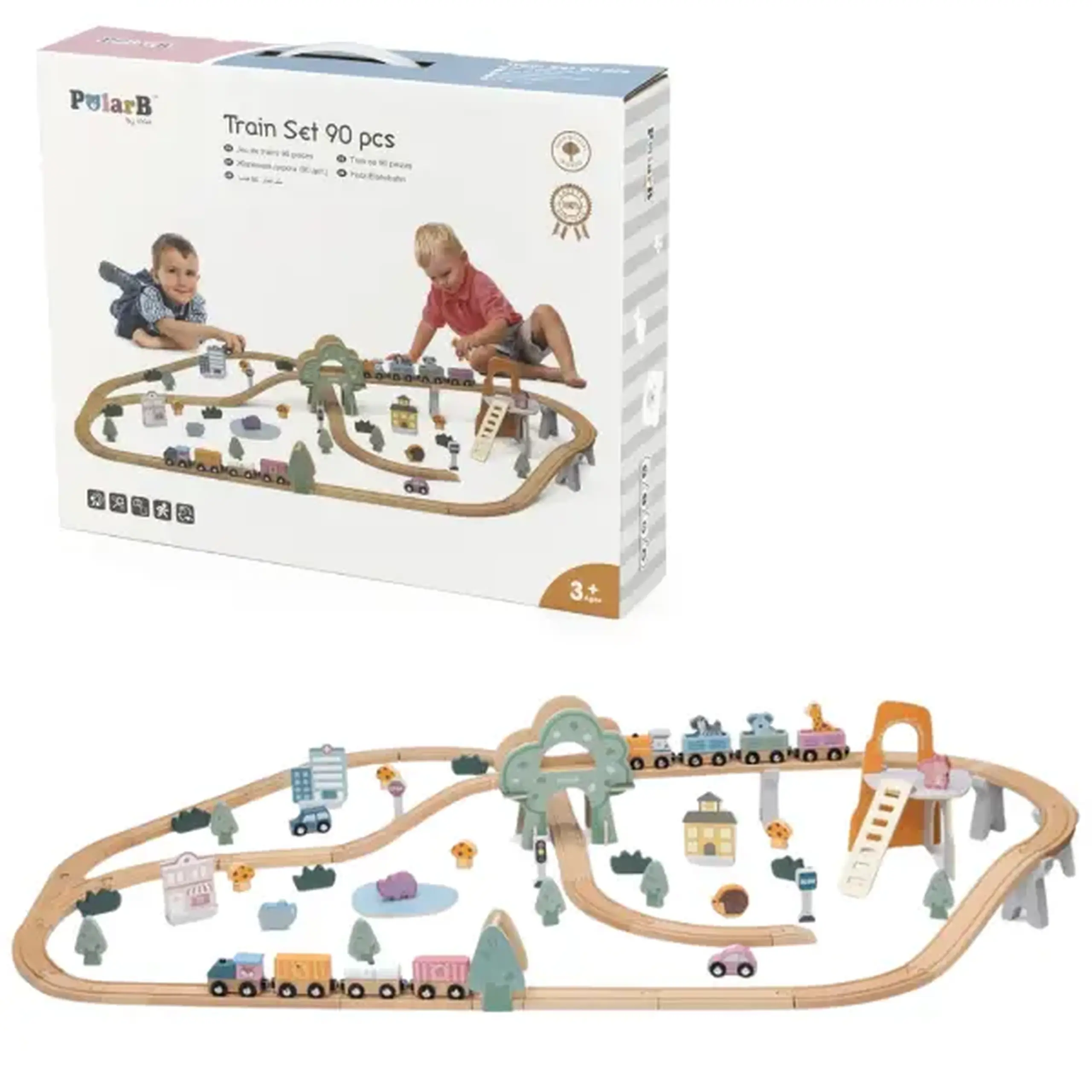 Calea ferata din lemn cu tren si accesorii, 90 elem.