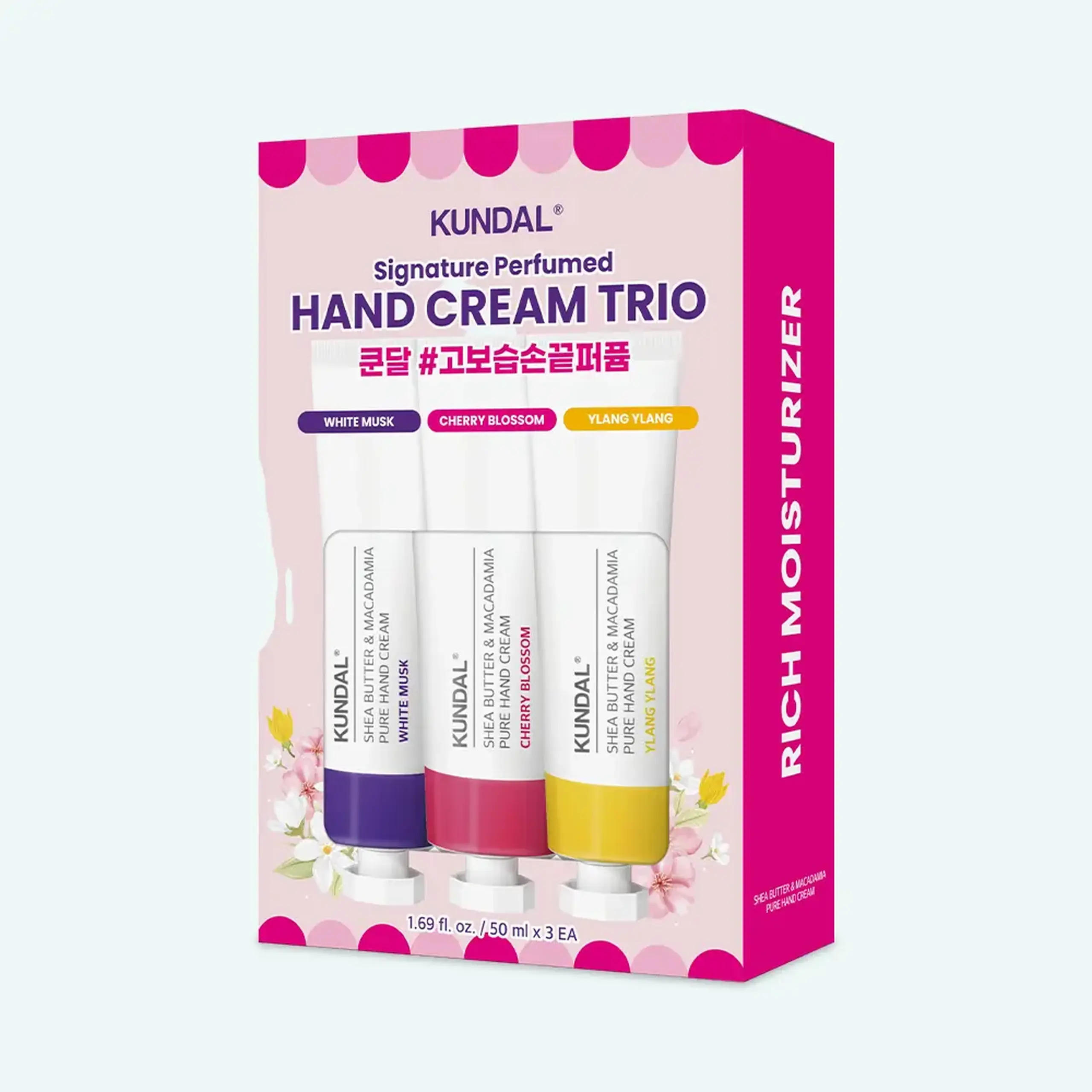 Set creme pentru mâini KUNDAL Signature Perfumed Hand Cream Trio – White Musk, Cherry Blossom &amp; Ylang Ylang