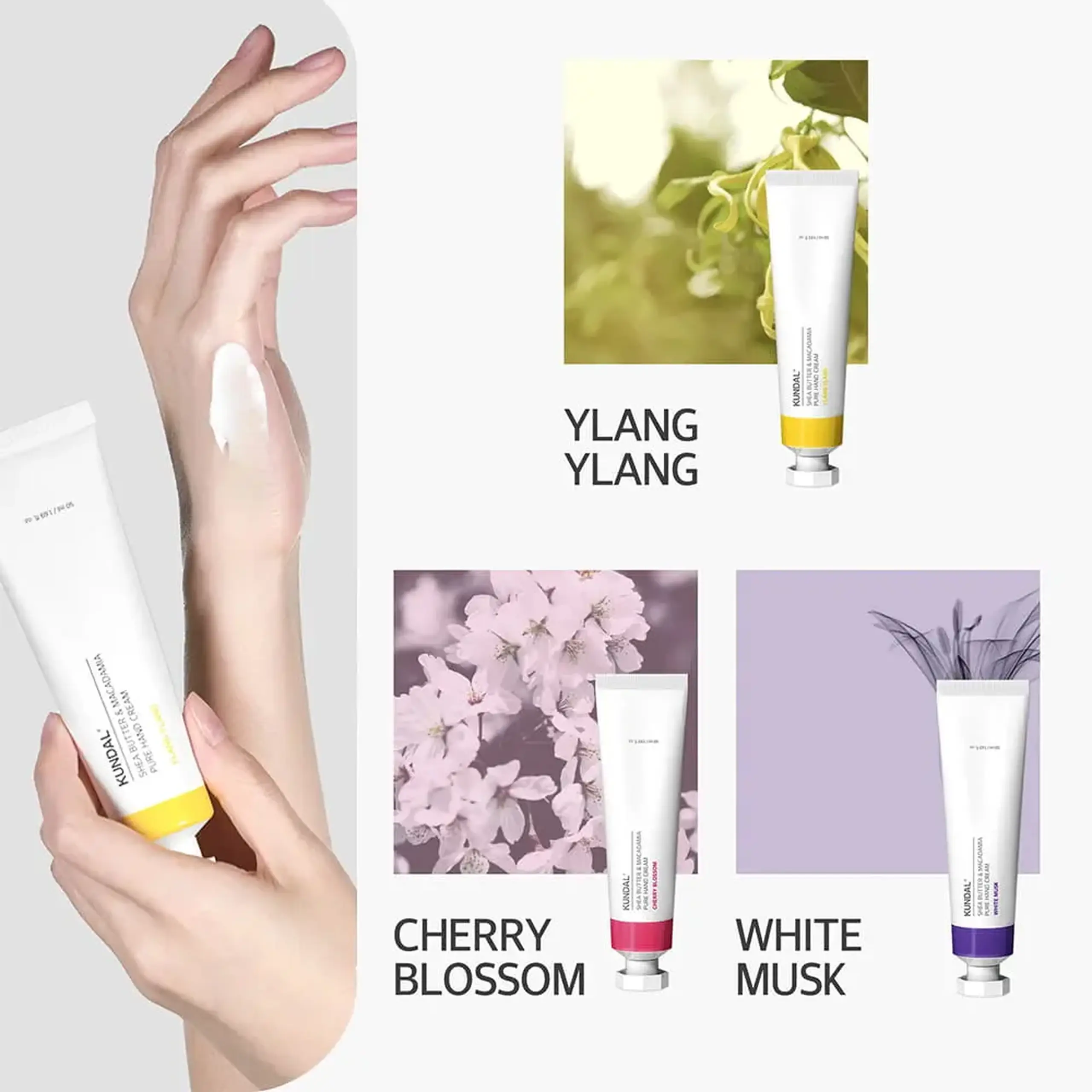 Set creme pentru mâini KUNDAL Signature Perfumed Hand Cream Trio – White Musk, Cherry Blossom &amp; Ylang Ylang