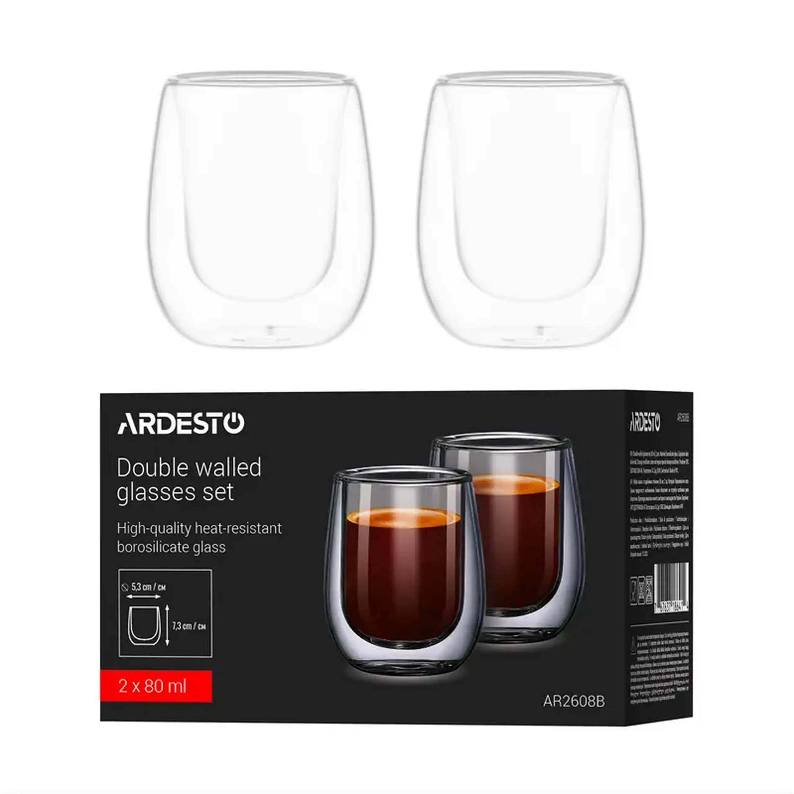 Set de pahare Ardesto AR2608B 80 ml, 2 buc, Transparent