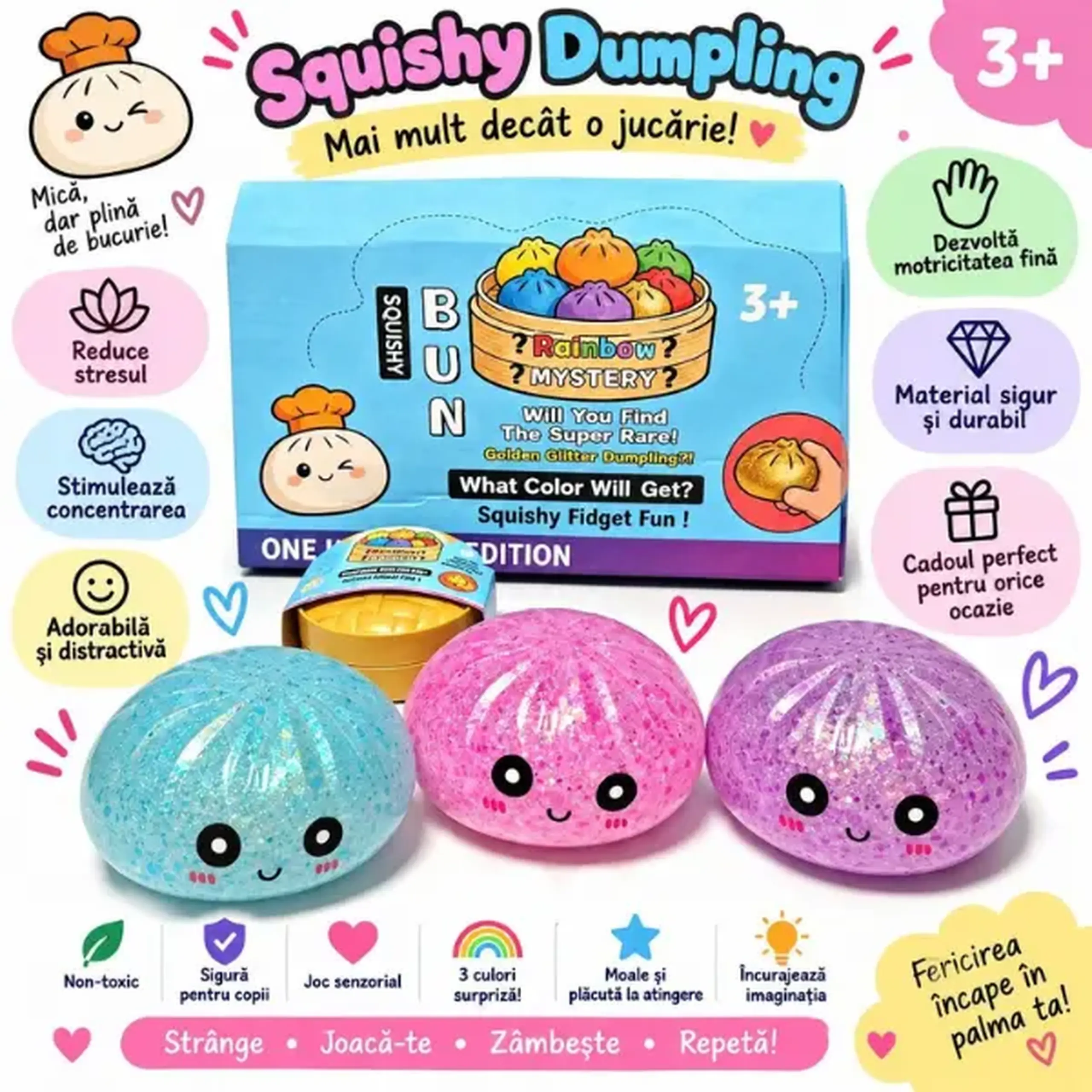 Jucărie antistres Squishy „Dumpling cu biluțe” Flippy Sugar Edition, 16×16 cm