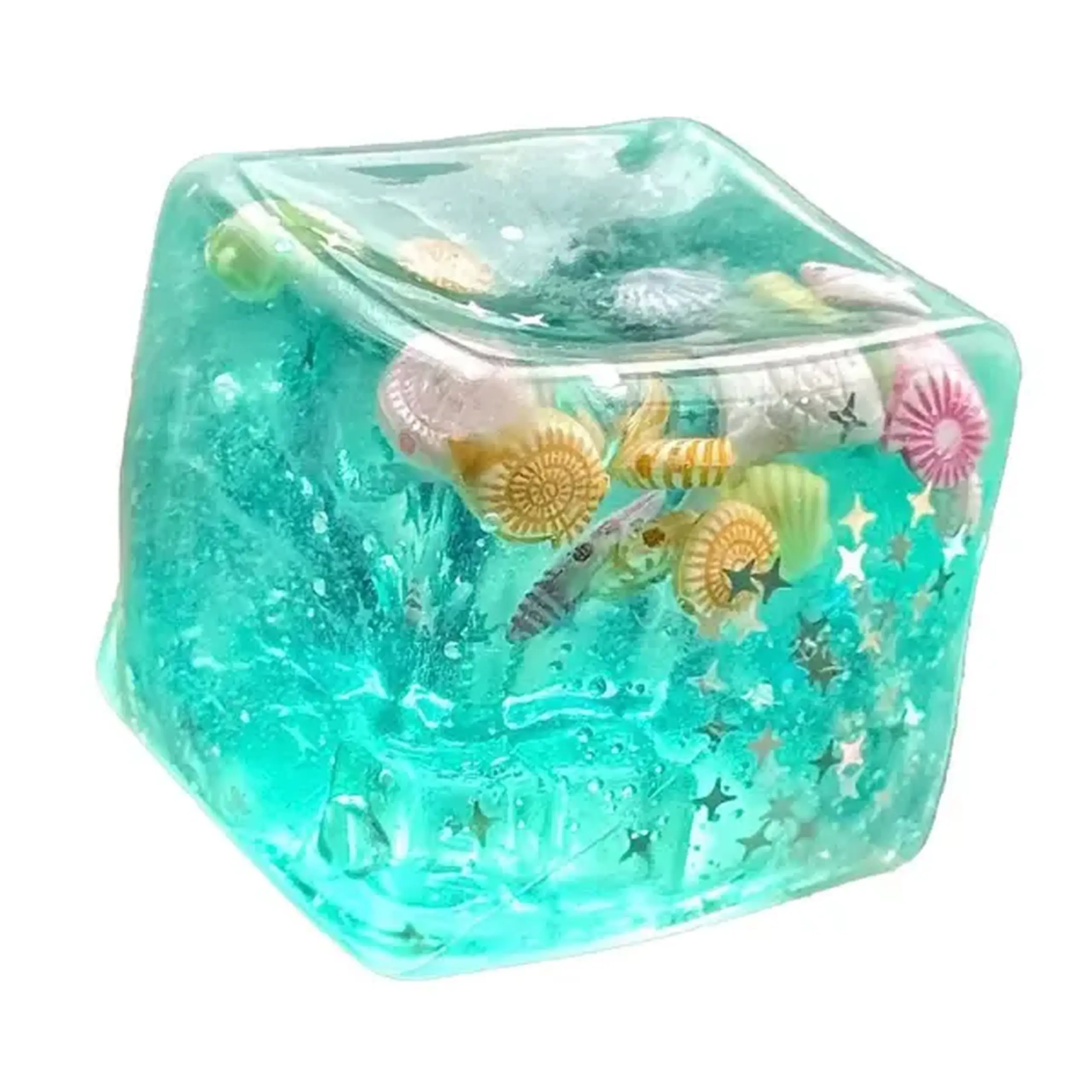 Jucărie antistres Squishy „Cub de gheață cu scoici” Flippy, 5×5×5 cm, turcoaz