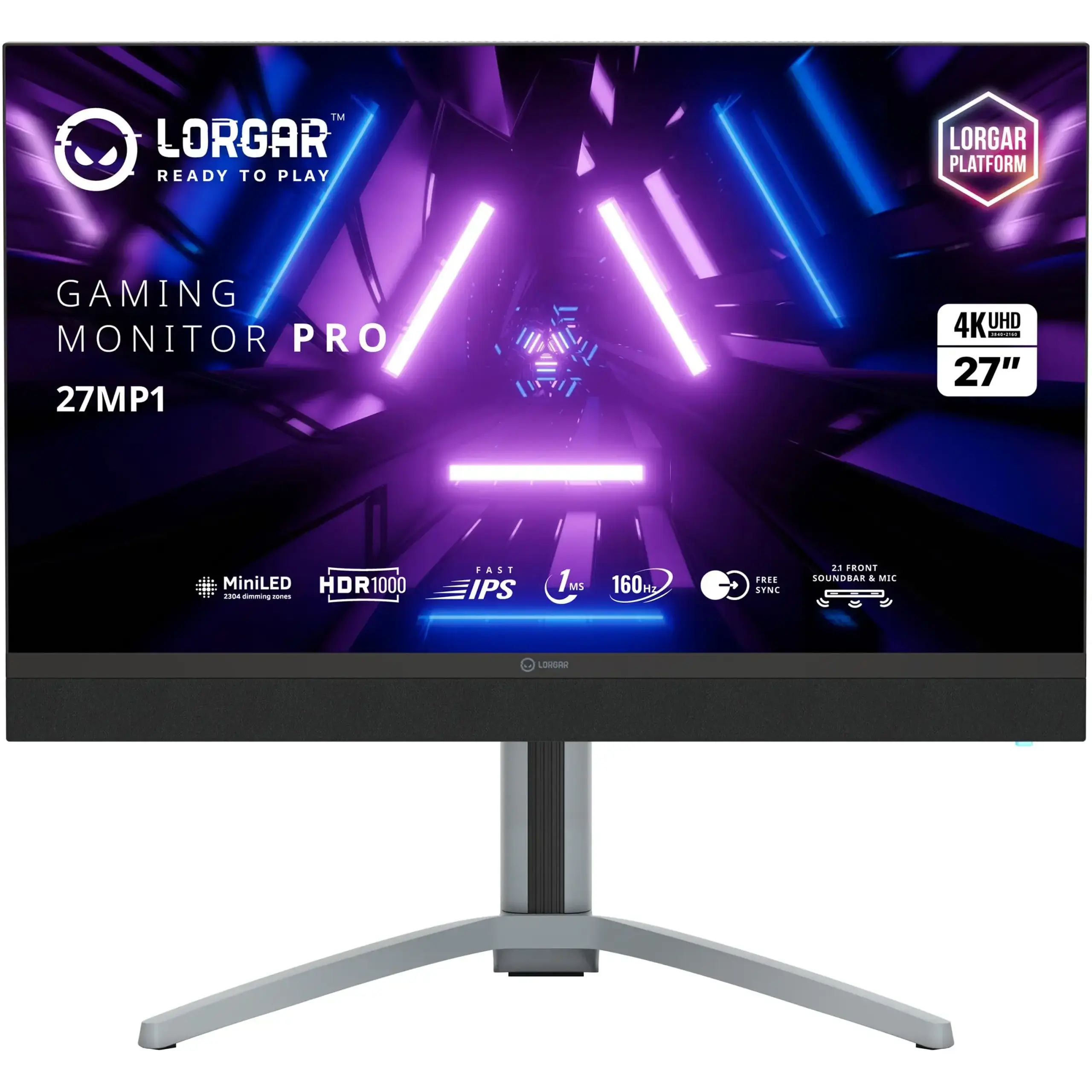 Monitor Gaming MiniLED IPS Lorgar Pro 27MP1 27'', 4k UHD (3840x2160), 160Hz, 1ms, AMD FreeSync, NVIDIA G-Sync Compatible, HDR 1000, Iluminare RGB, Boxe 2.1, USB Type-C, Hub USB, 2x HDMI, Display Port, Jack, Pivot